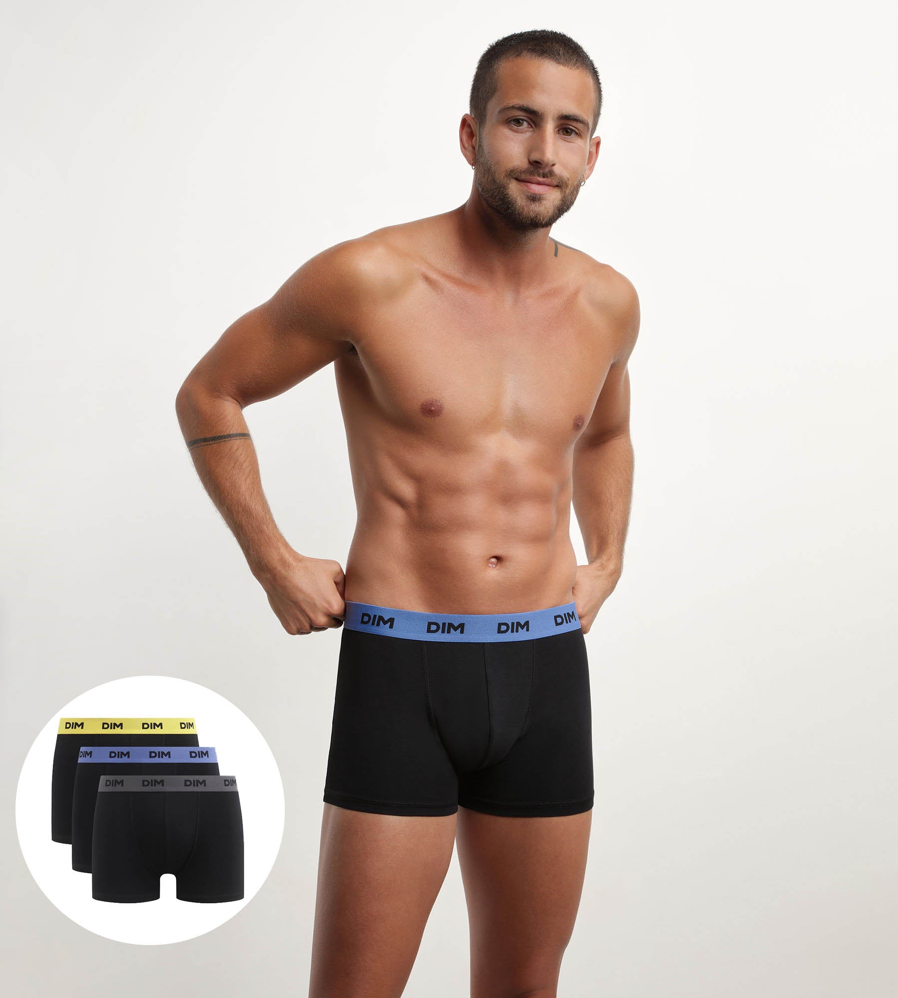 DIM Pack of 3 black men's boxers with coloured waistband Mimosa Purple Mix & colours
