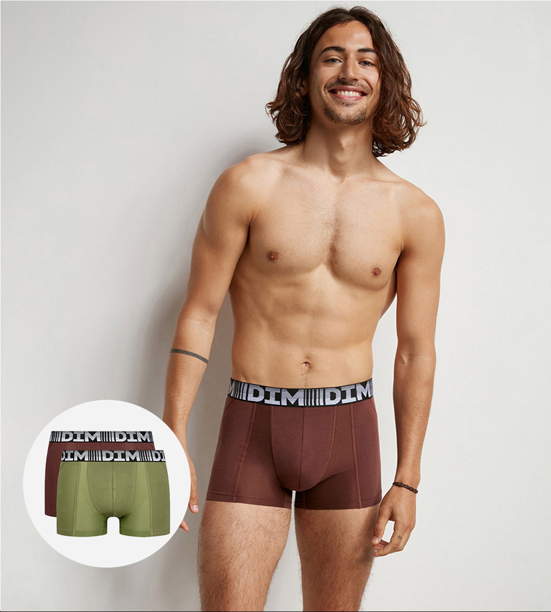 DIM Pack of 2 men's breathable cotton and lycra Khaki 3D Flex Air boxers