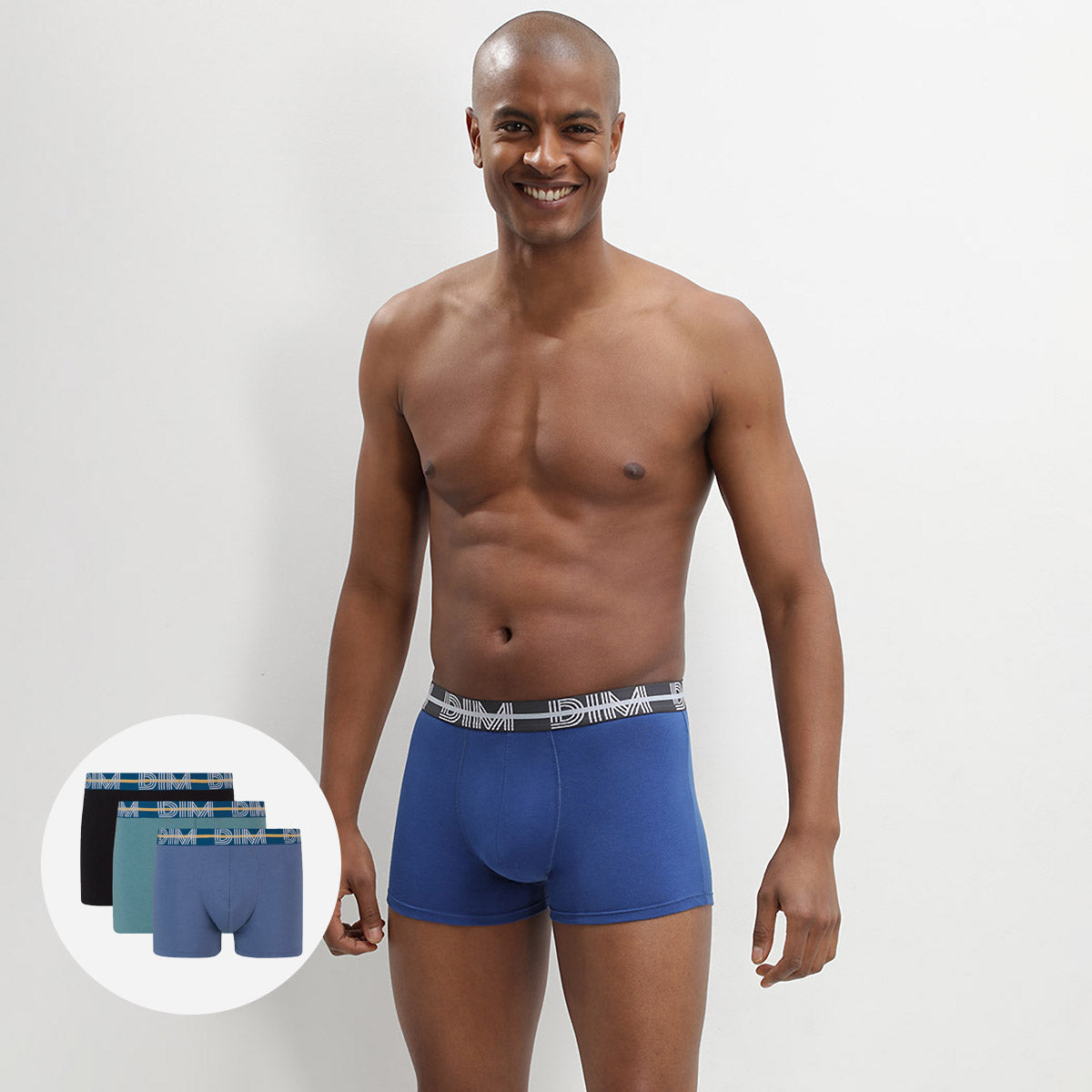 DIM Dim Powerful 3 pack stretch cotton trunks in blue and black with contrast waistband