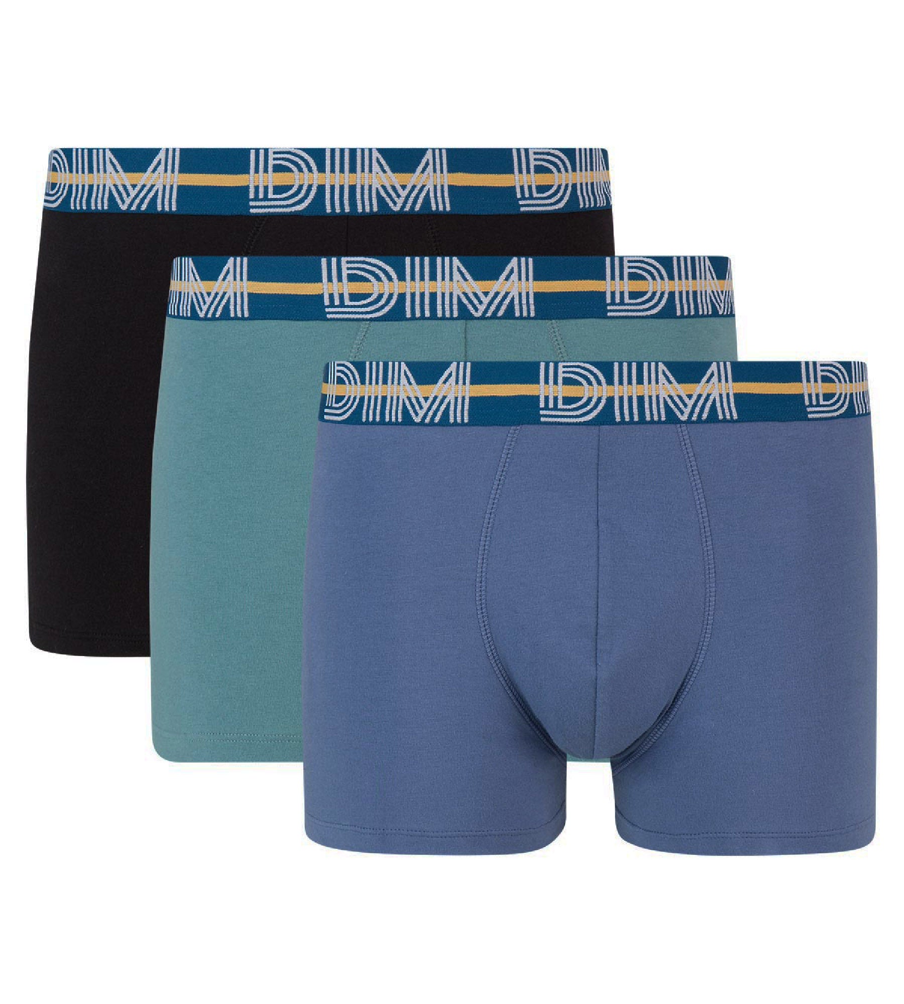DIM Dim Powerful 3 pack stretch cotton trunks in blue and black with contrast waistband