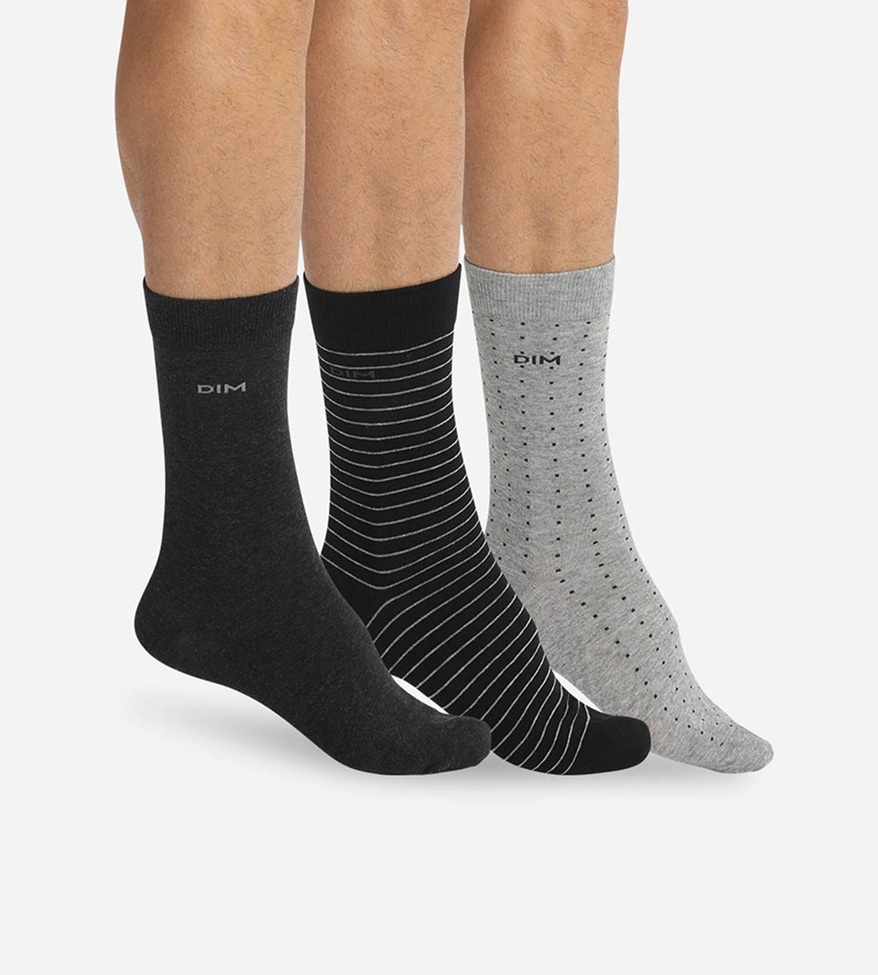 DIM Pack of 3 pairs of men’s black and charcoal dotty & striped socks