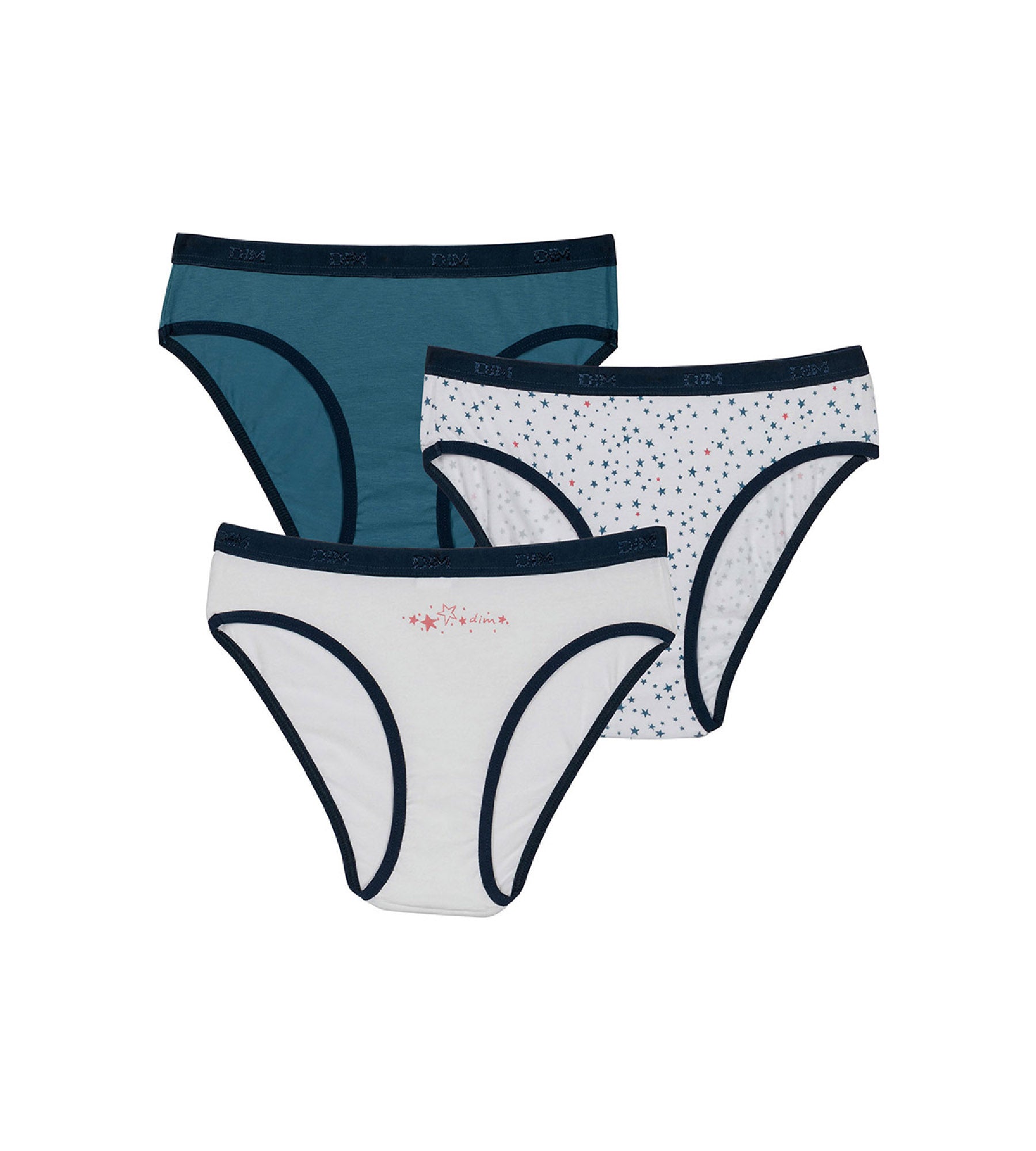 DIM Pack of 3 girls' White Blue Les Pockets stretch cotton knickers with a star pattern