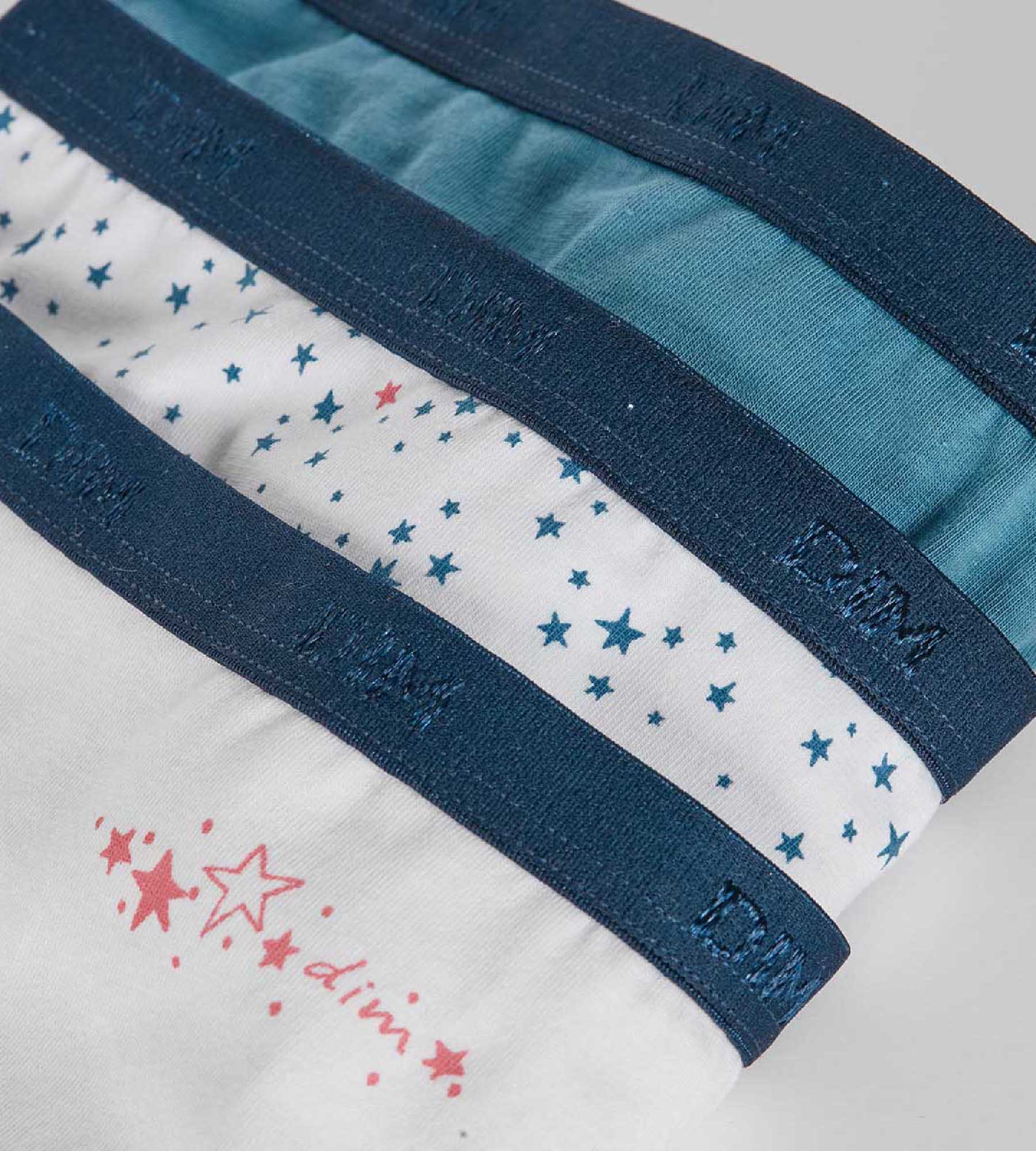 DIM Pack of 3 girls' White Blue Les Pockets stretch cotton knickers with a star pattern