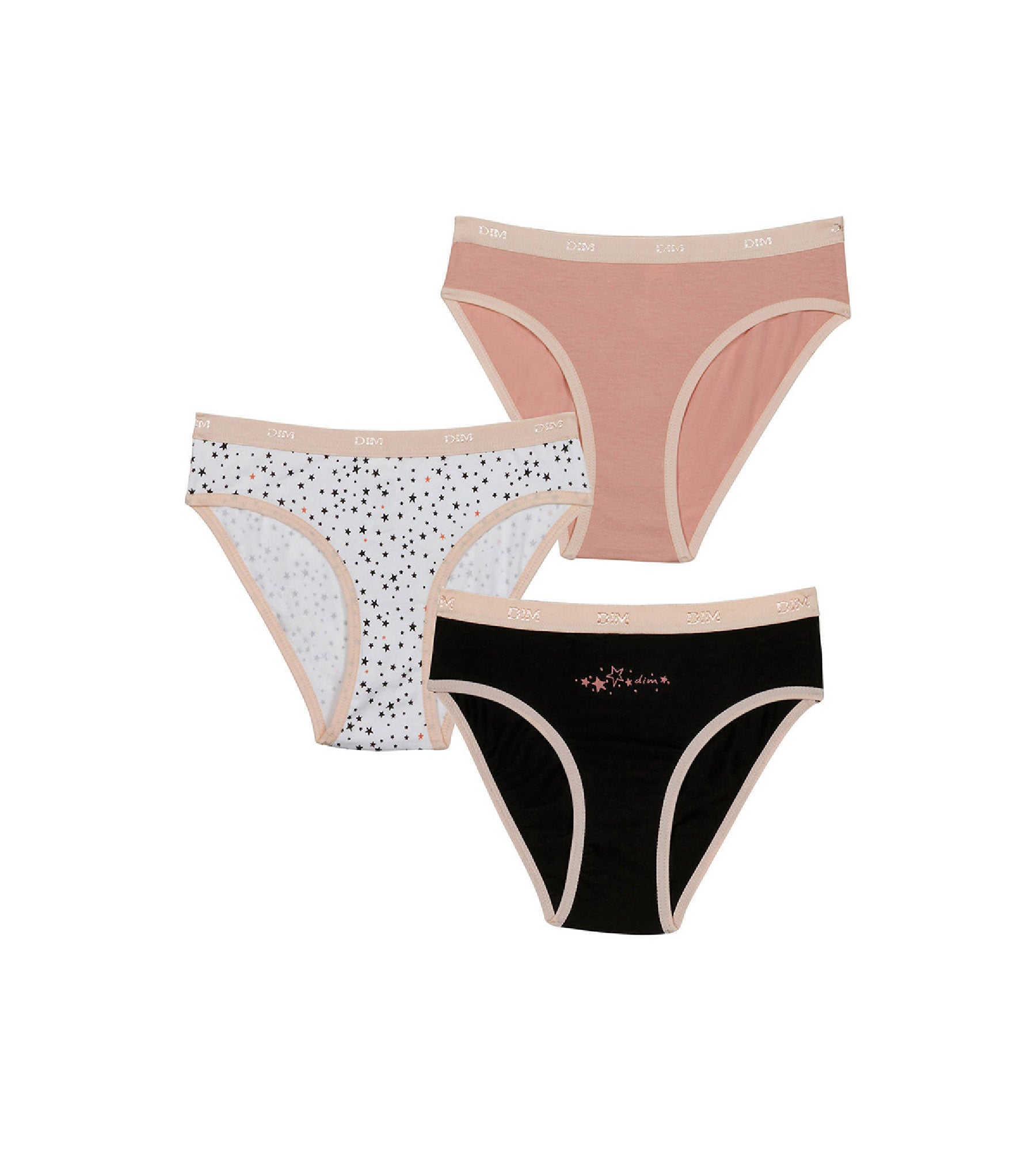 DIM Pack of 3 girls' Pink Les Pockets stretch cotton knickers with a star pattern