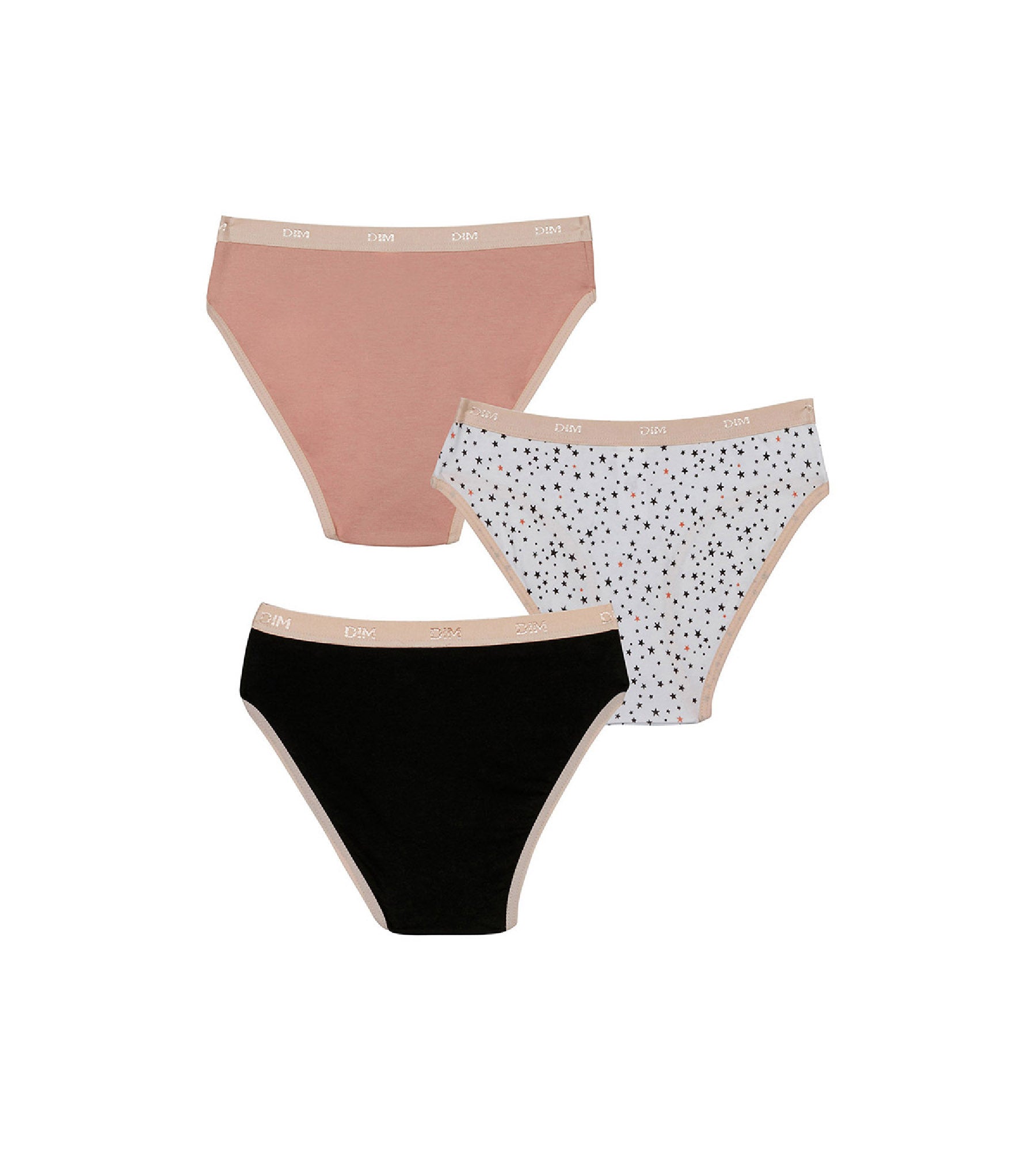 DIM Pack of 3 girls' Pink Les Pockets stretch cotton knickers with a star pattern