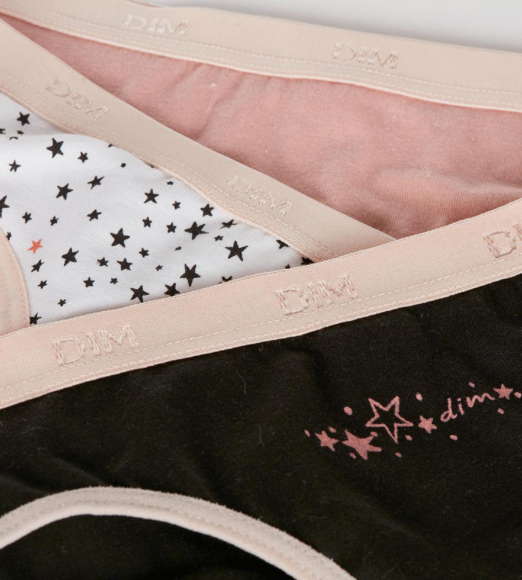 DIM Pack of 3 girls' Pink Les Pockets stretch cotton knickers with a star pattern