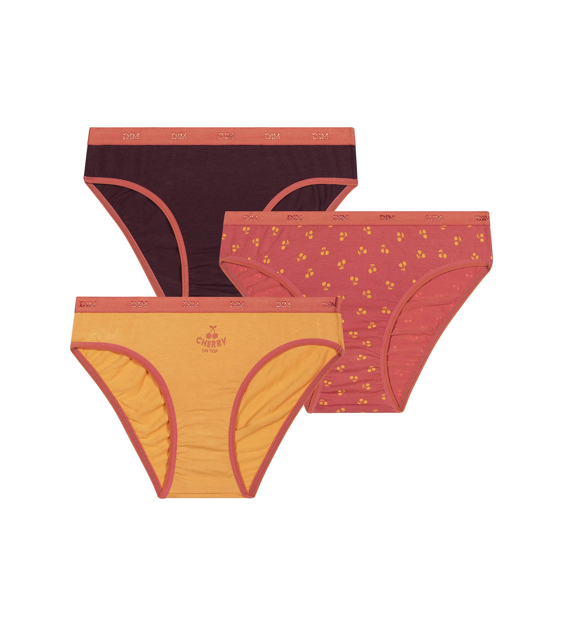 DIM Pack of 3 girls' knickers with cherry patterns in Chocolat Les Pockets