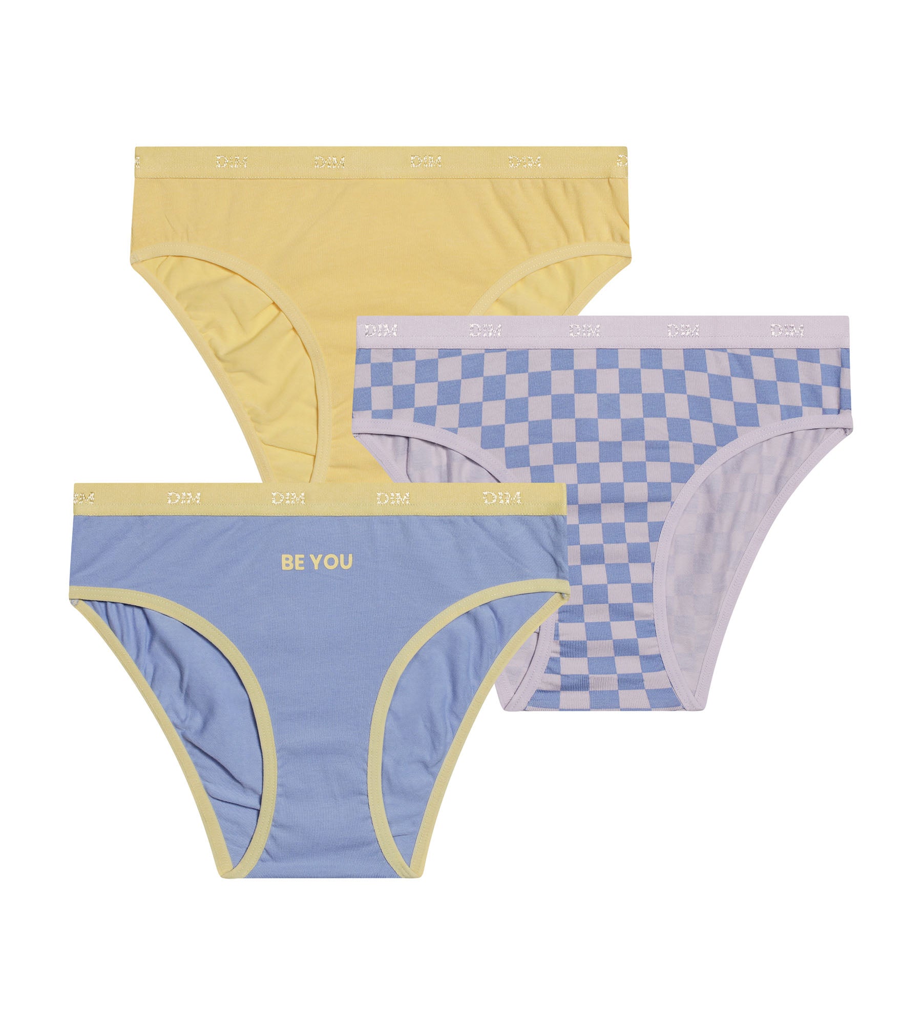 DIM Pack of 3 girls' stretch cotton panties with checkerboard pattern Yellow Les Pockets