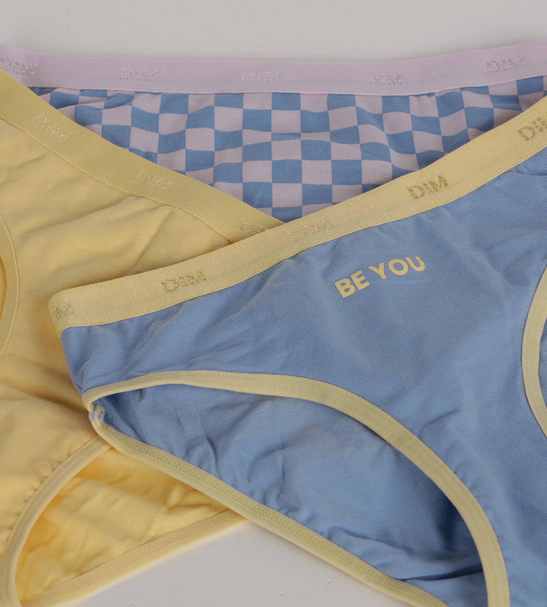 DIM Pack of 3 girls' stretch cotton panties with checkerboard pattern Yellow Les Pockets