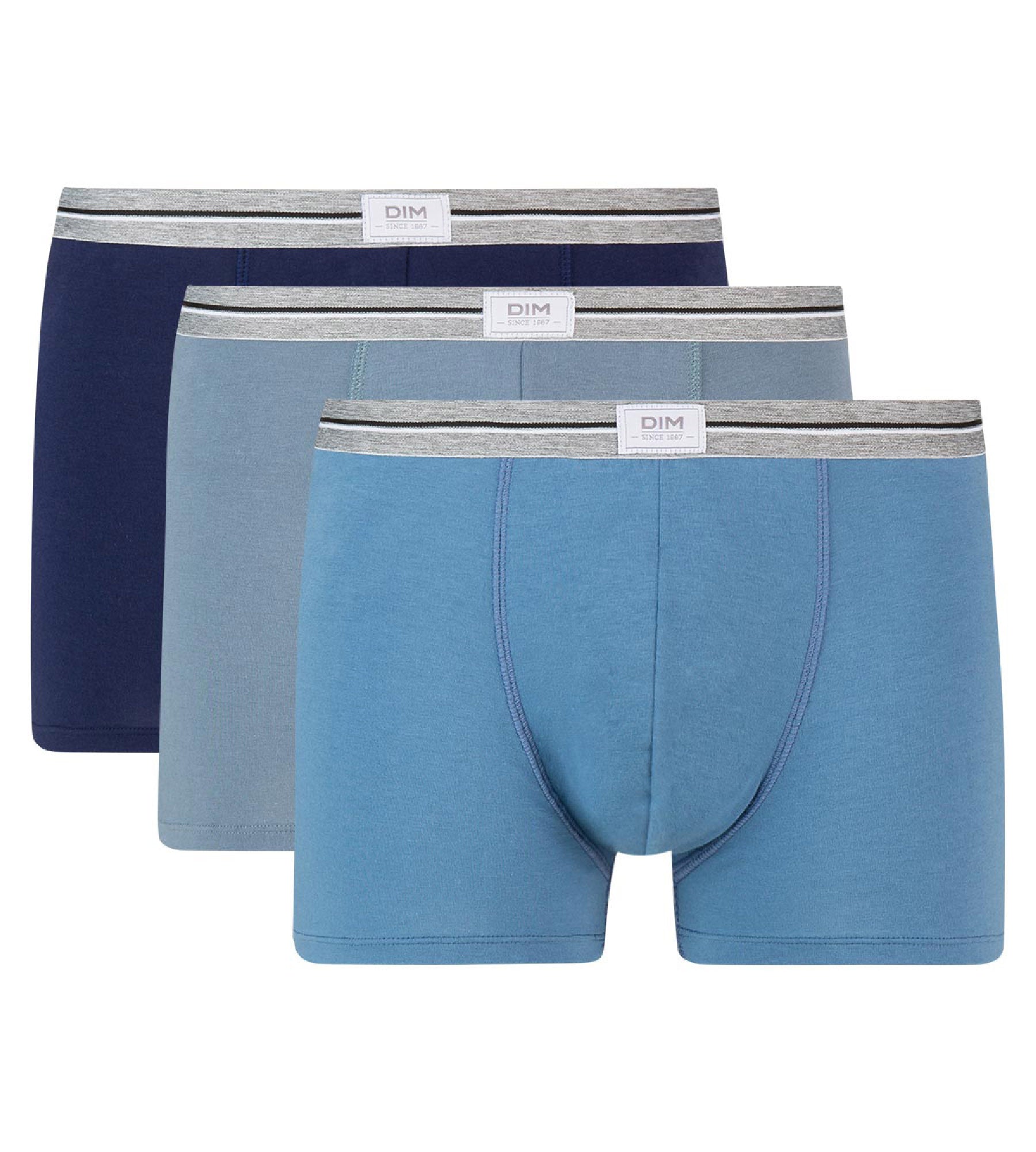 DIM Ultra Resist 3 pack resistant stretch cotton trunks in grey and jeans blue