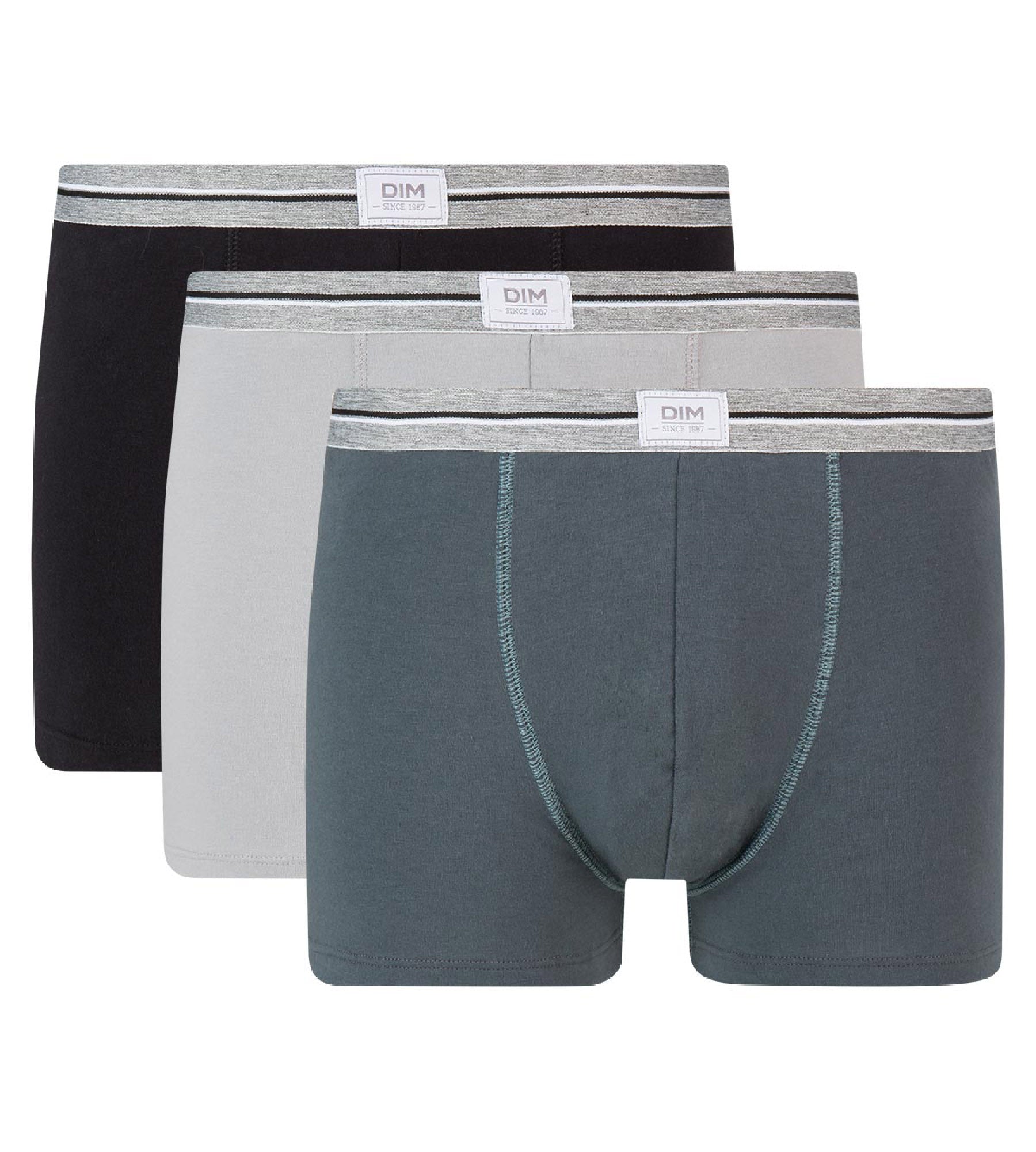 DIM Ultra Resist 3 pack resistant stretch cotton trunks in black and steel grey