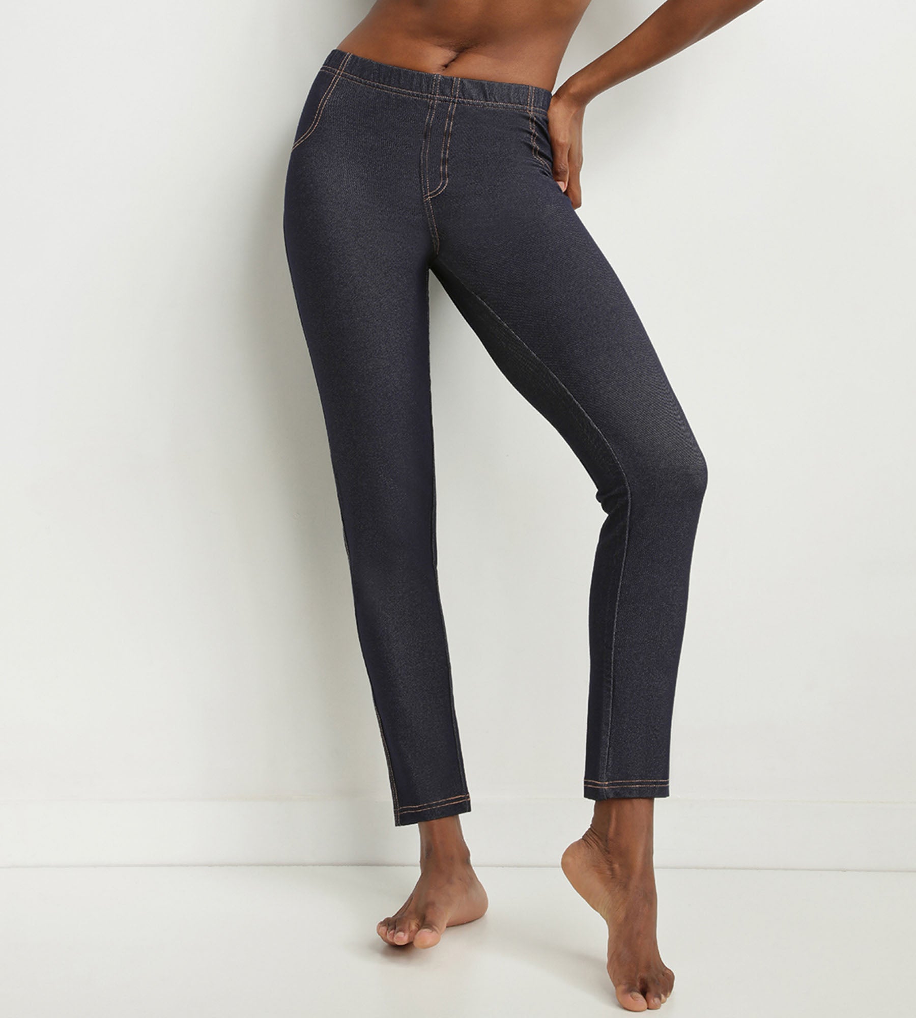DIM Women's navy-blue denim leggings with pockets Dim Relax & Go