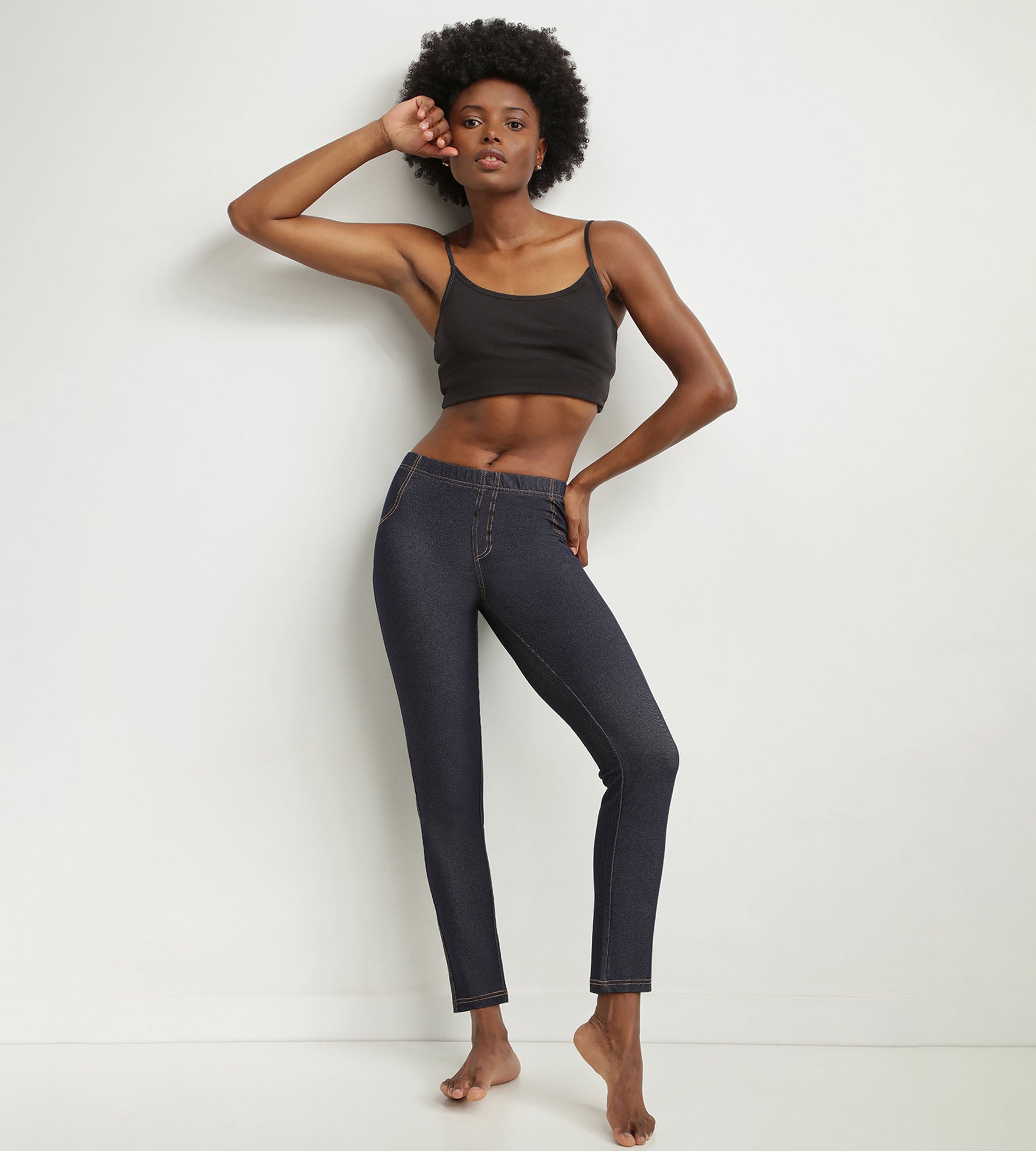 DIM Women's navy-blue denim leggings with pockets Dim Relax & Go