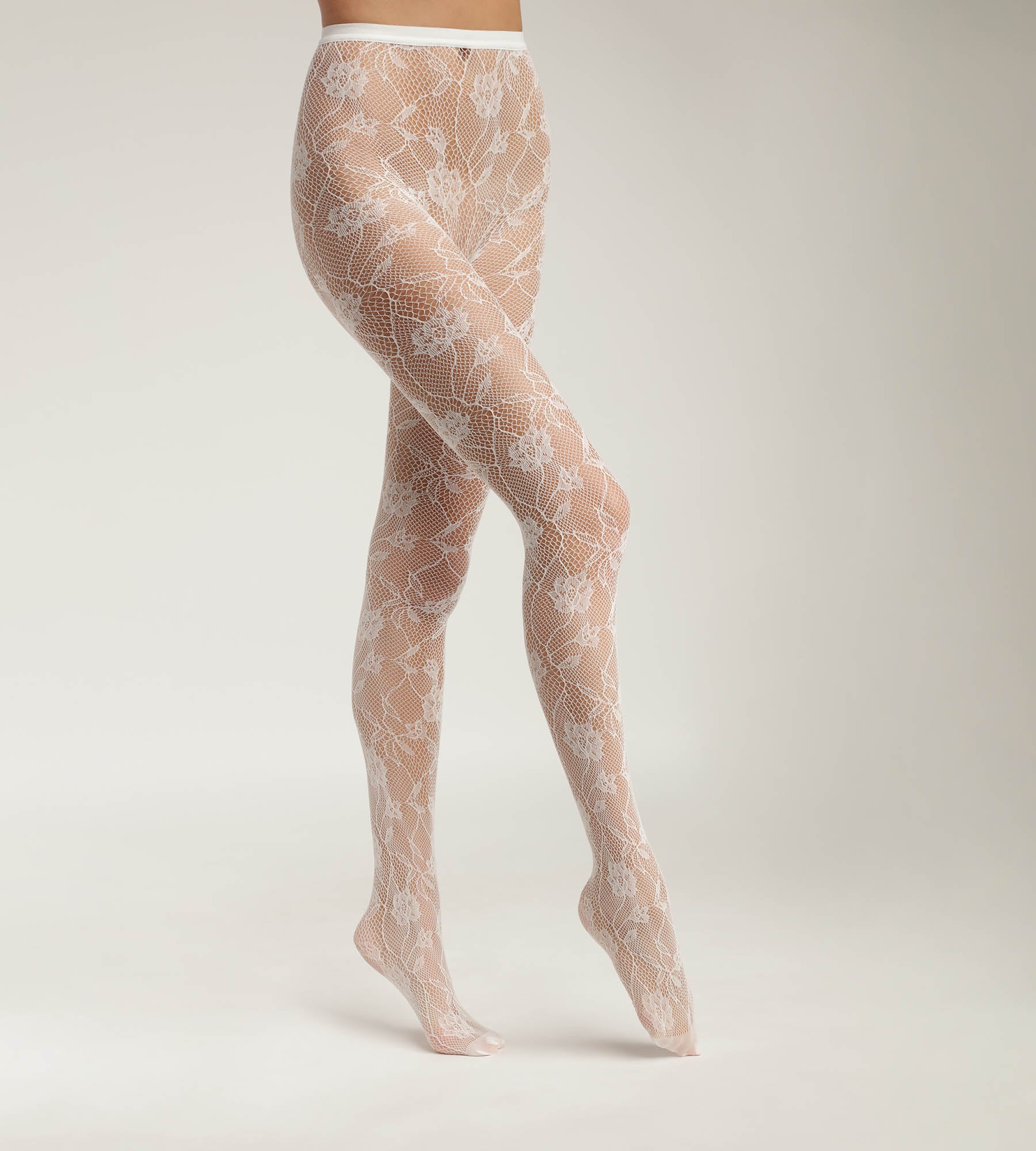 DIM Women's fishnet and floral lace tights Baroque White Dim Style