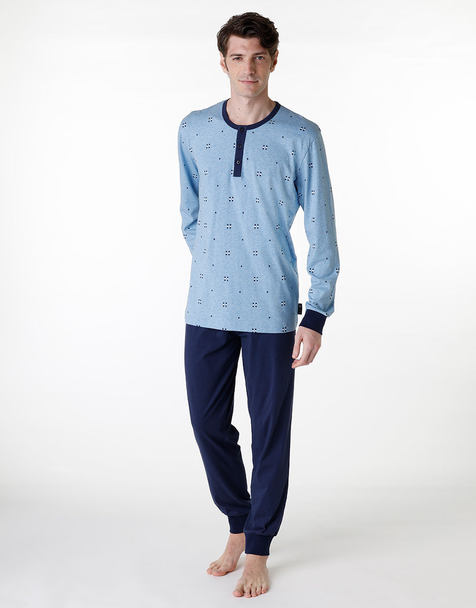 DIM Long serafino pajama in heather blue jersey for men