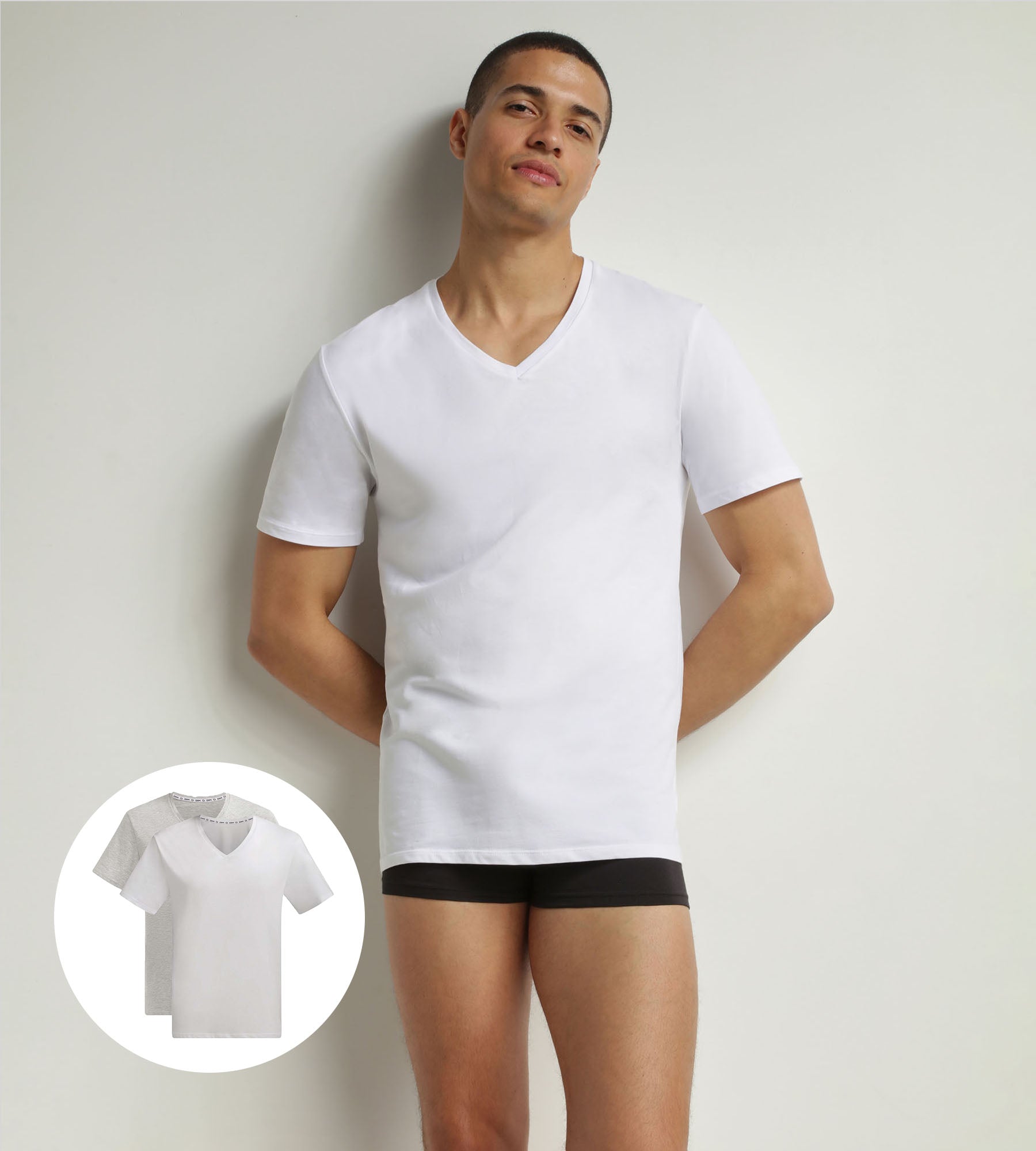 DIM Pack of 2 t-shirts men's White Grey organic cotton V-neck Dim Good