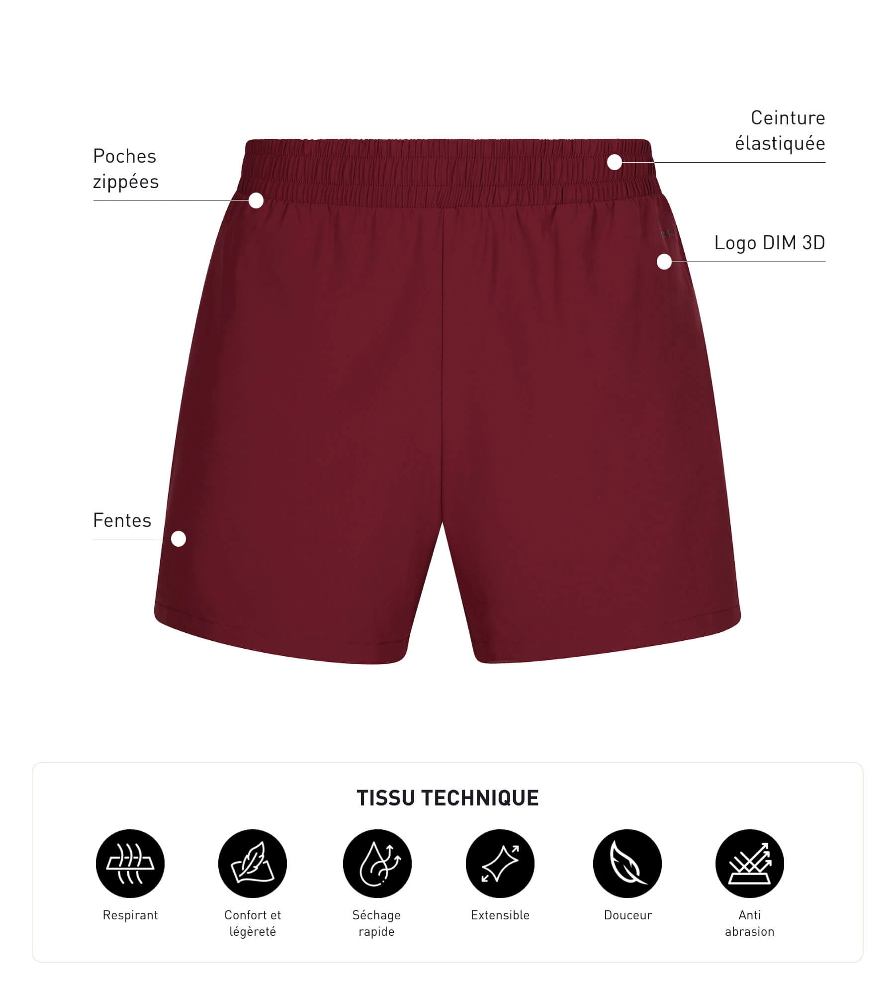 DIM Men's sports shorts in breathable Bordeaux fabric Dim Move
