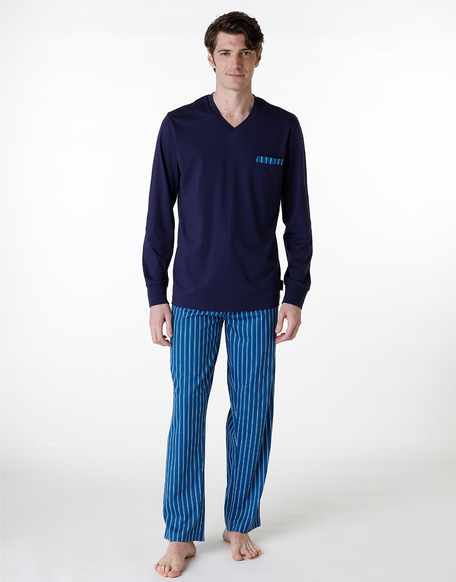 DIM Long V-neck pajama in navy blue jersey for men