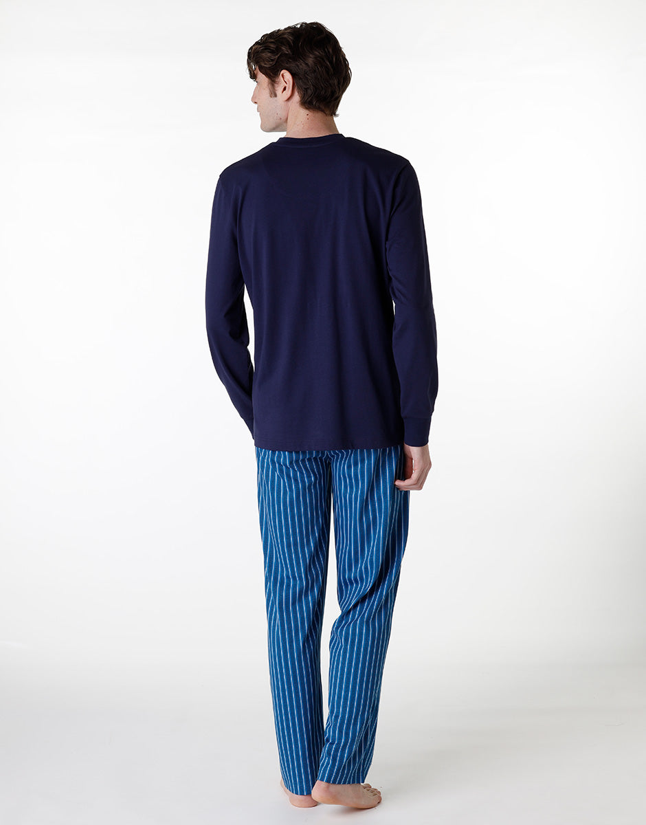 DIM Long V-neck pajama in navy blue jersey for men