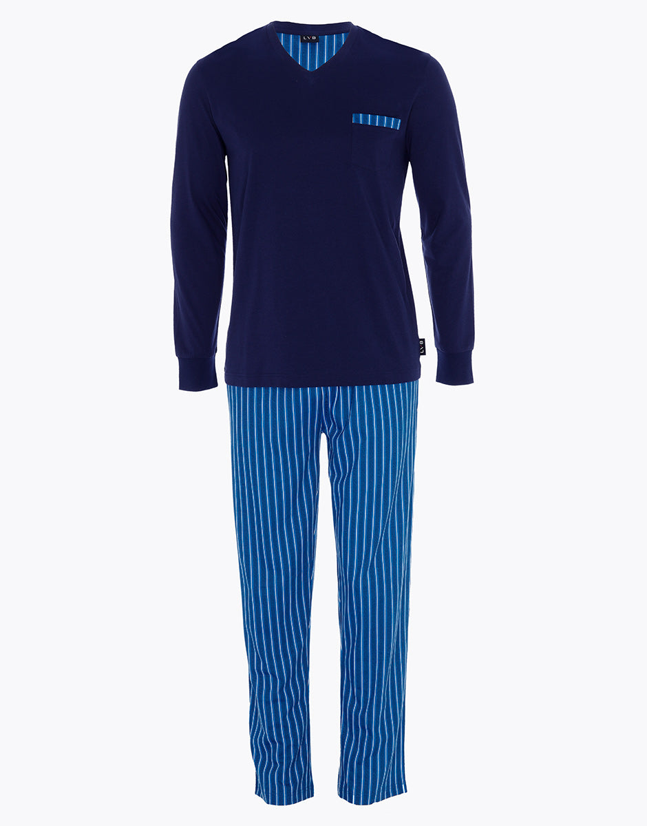 DIM Long V-neck pajama in navy blue jersey for men