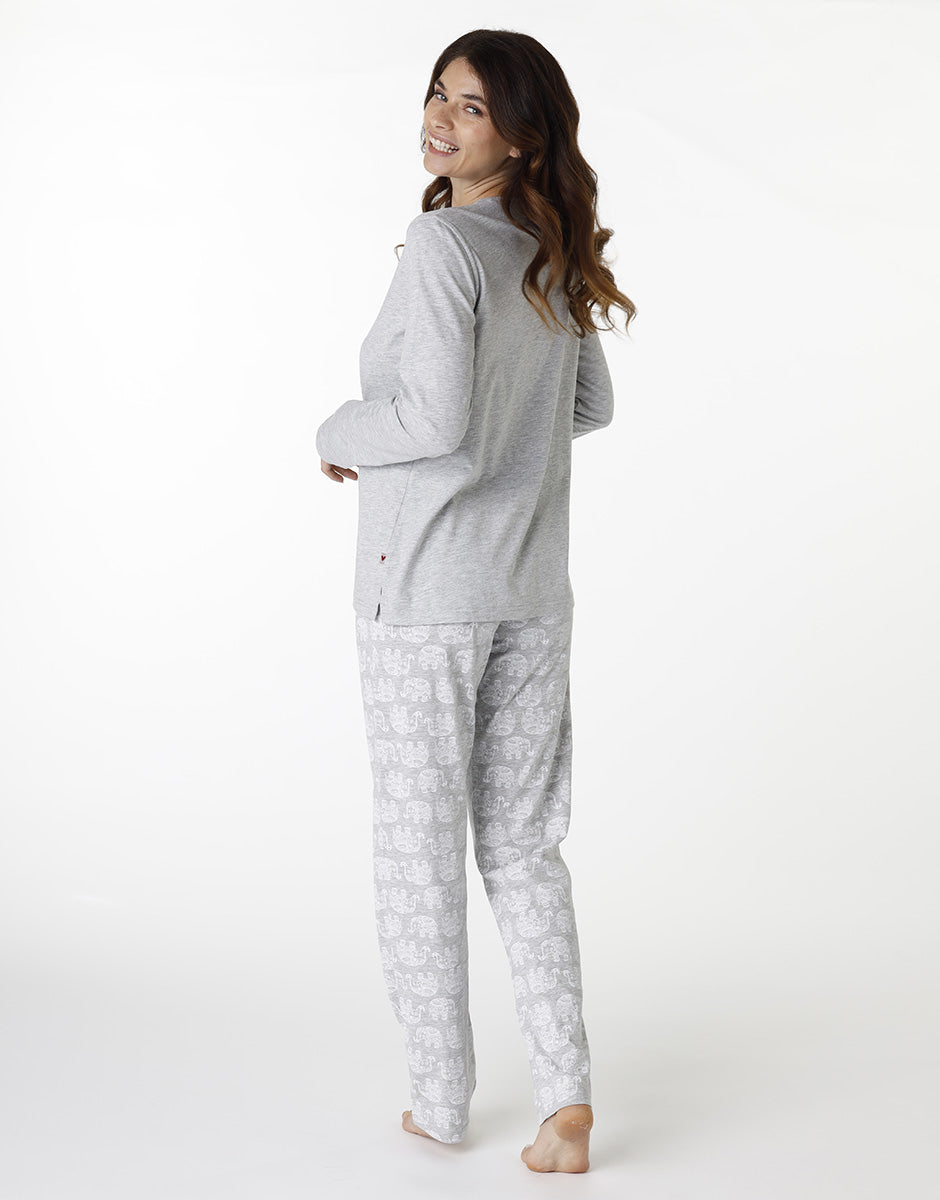 DIM Long round-neck pajama in heather gray jersey for women