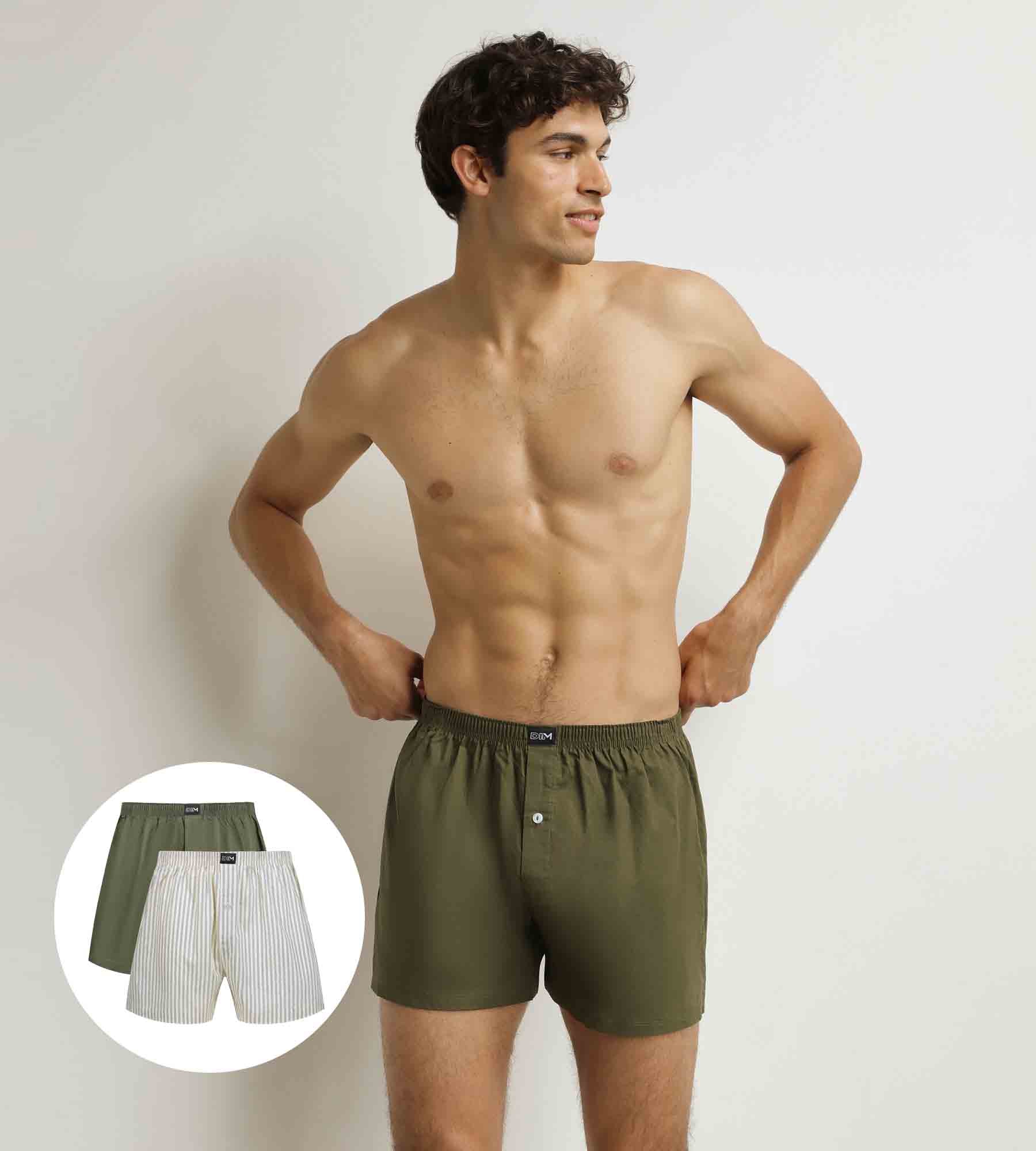 DIM Pack of 2 Beige Striped Green Stretch Cotton Men's Boxer Briefs