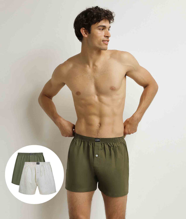 DIM Pack of 2 Beige Striped Green Stretch Cotton Men's Boxer Briefs