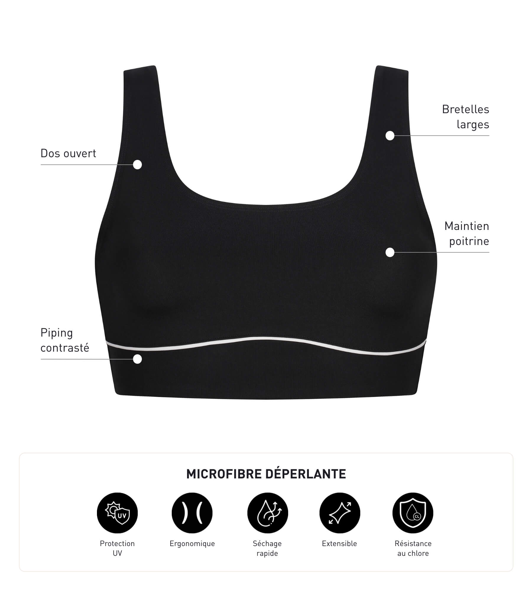 DIM Women's swimming costume top in black microfibre Dim Move