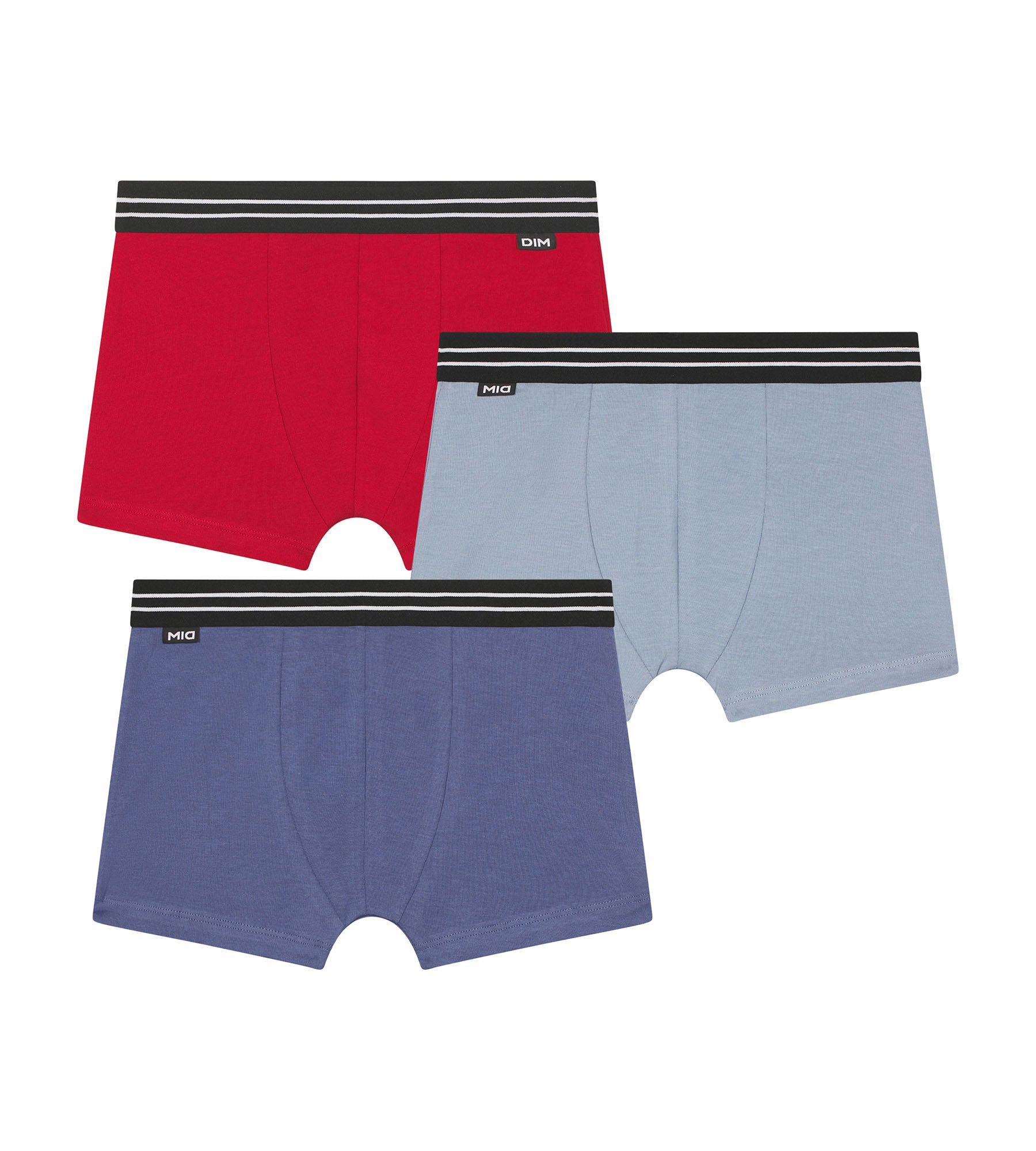 DIM Pack of 3 Ecodim Carmine Red Blue stretch cotton boxer shorts for boys