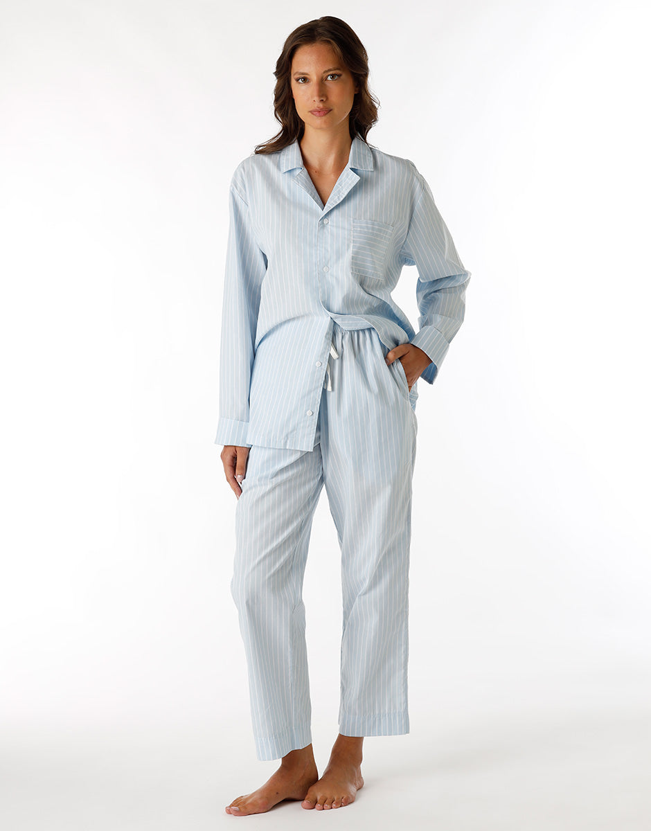 DIM Unisex Blue Striped Cotton Canvas Long Pajama Set
