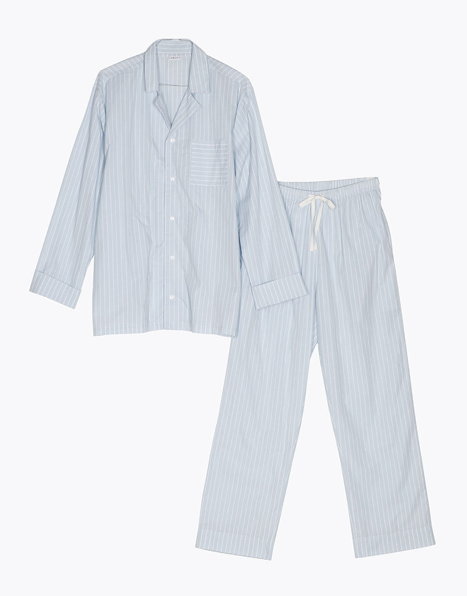 DIM Unisex Blue Striped Cotton Canvas Long Pajama Set