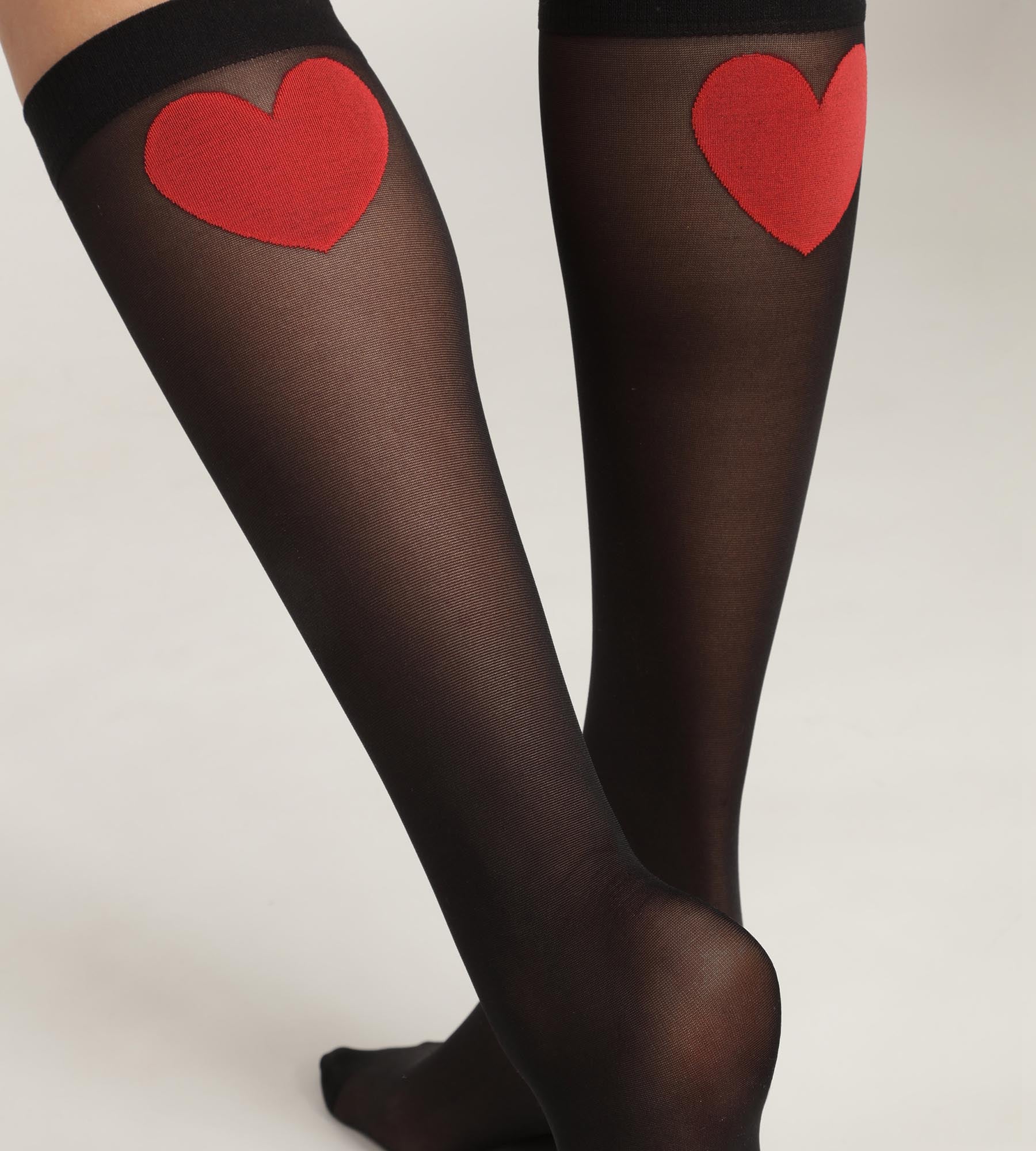 DIM Women's knee-highs in sheer black voile with red heart Dim Style
