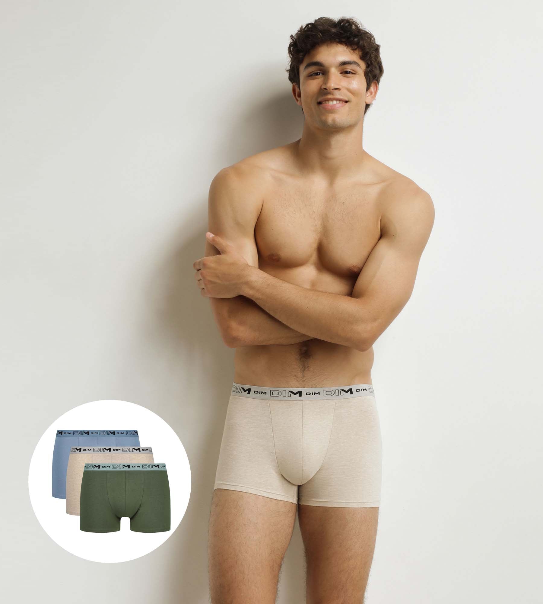 DIM Pack of 3 men's boxer shorts Beige Blue Khaki Organic Stretch Cotton