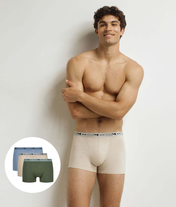 DIM Pack of 3 men's boxer shorts Beige Blue Khaki Organic Stretch Cotton