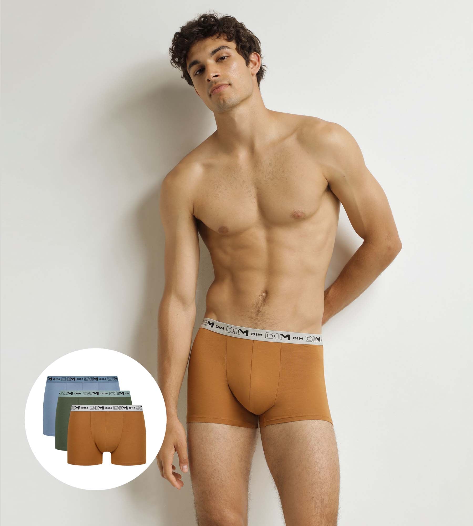 DIM Pack of 3 Khaki Ochre Blue Organic Cotton Stretch Boxer Briefs for Men