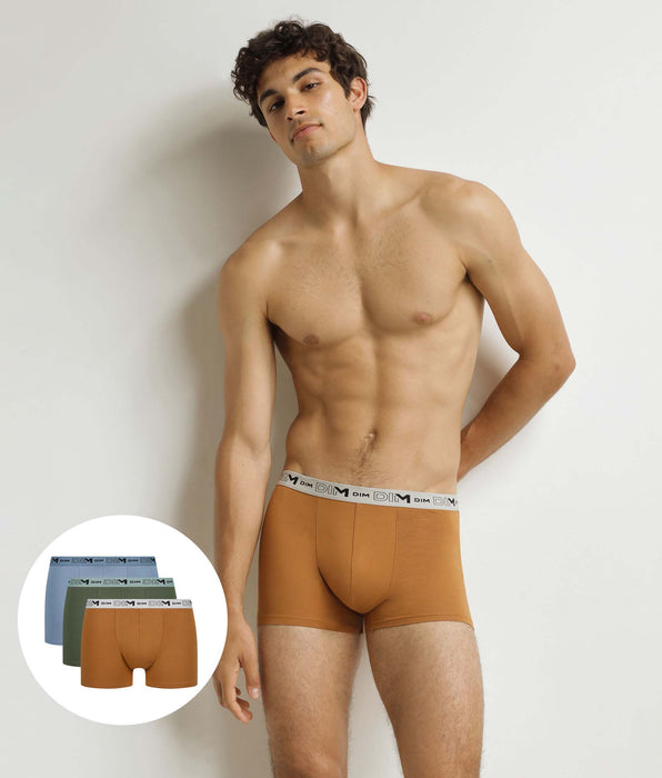 DIM Pack of 3 Khaki Ochre Blue Organic Cotton Stretch Boxer Briefs for Men