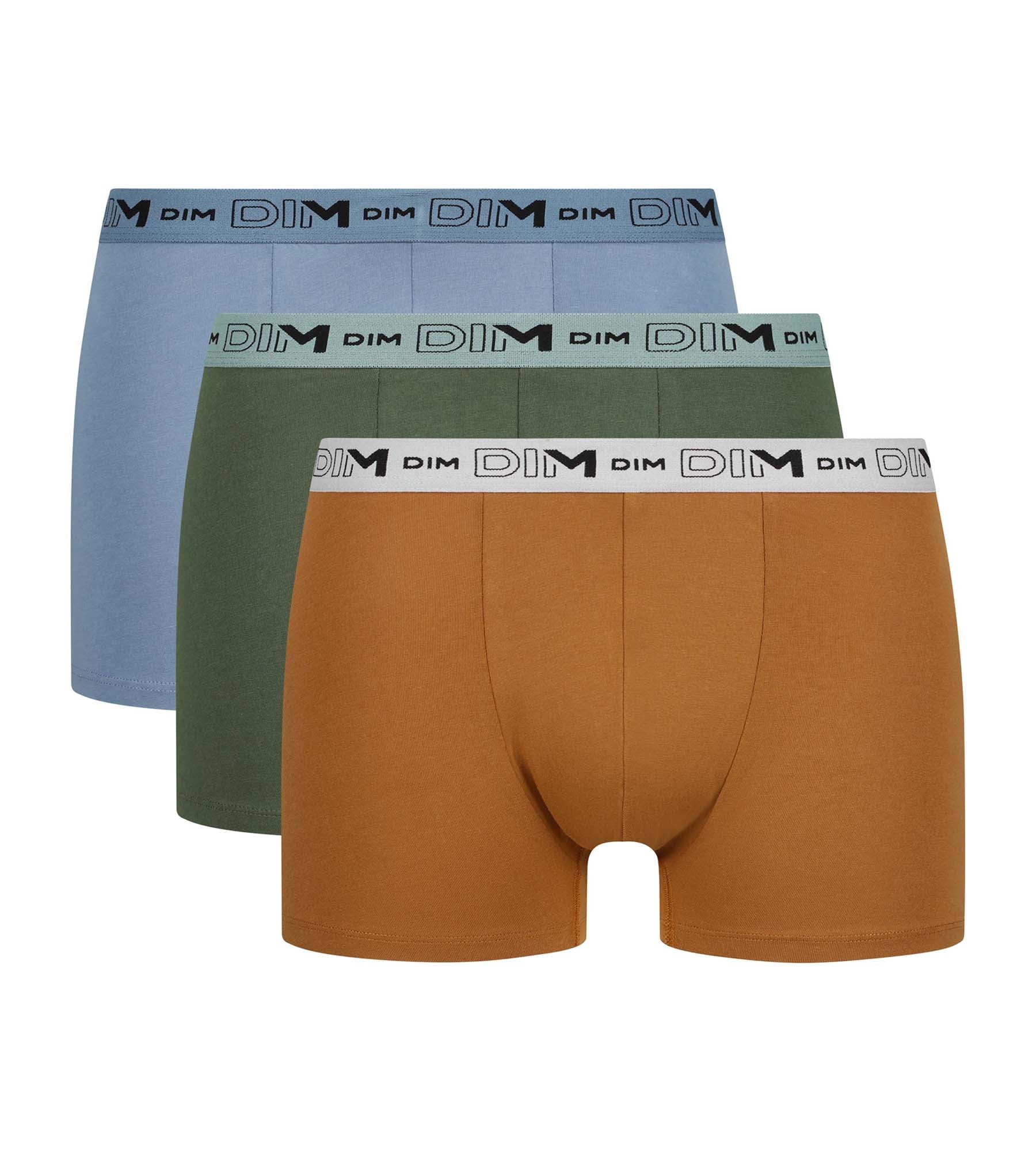 DIM Pack of 3 Khaki Ochre Blue Organic Cotton Stretch Boxer Briefs for Men