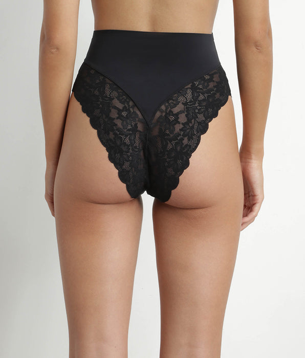 DIM High-Waist Shaping Thong in Microfibre and Lace Black – Dim Silhouette Elegance