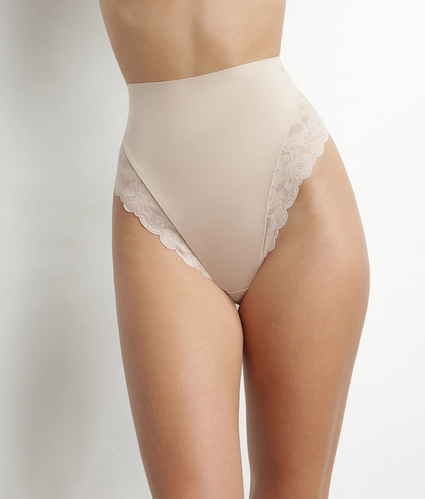 DIM High-Waist Shaping Thong in Microfibre and Lace Nude – Dim Silhouette Elegance