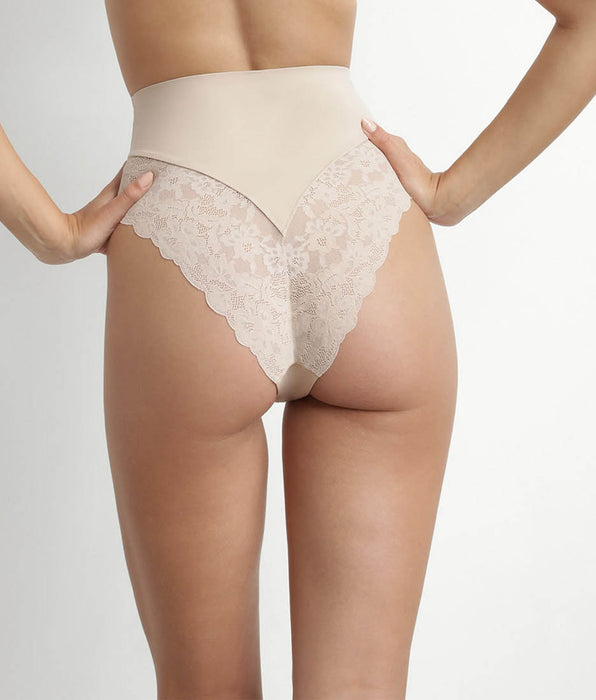 DIM High-Waist Shaping Thong in Microfibre and Lace Nude – Dim Silhouette Elegance