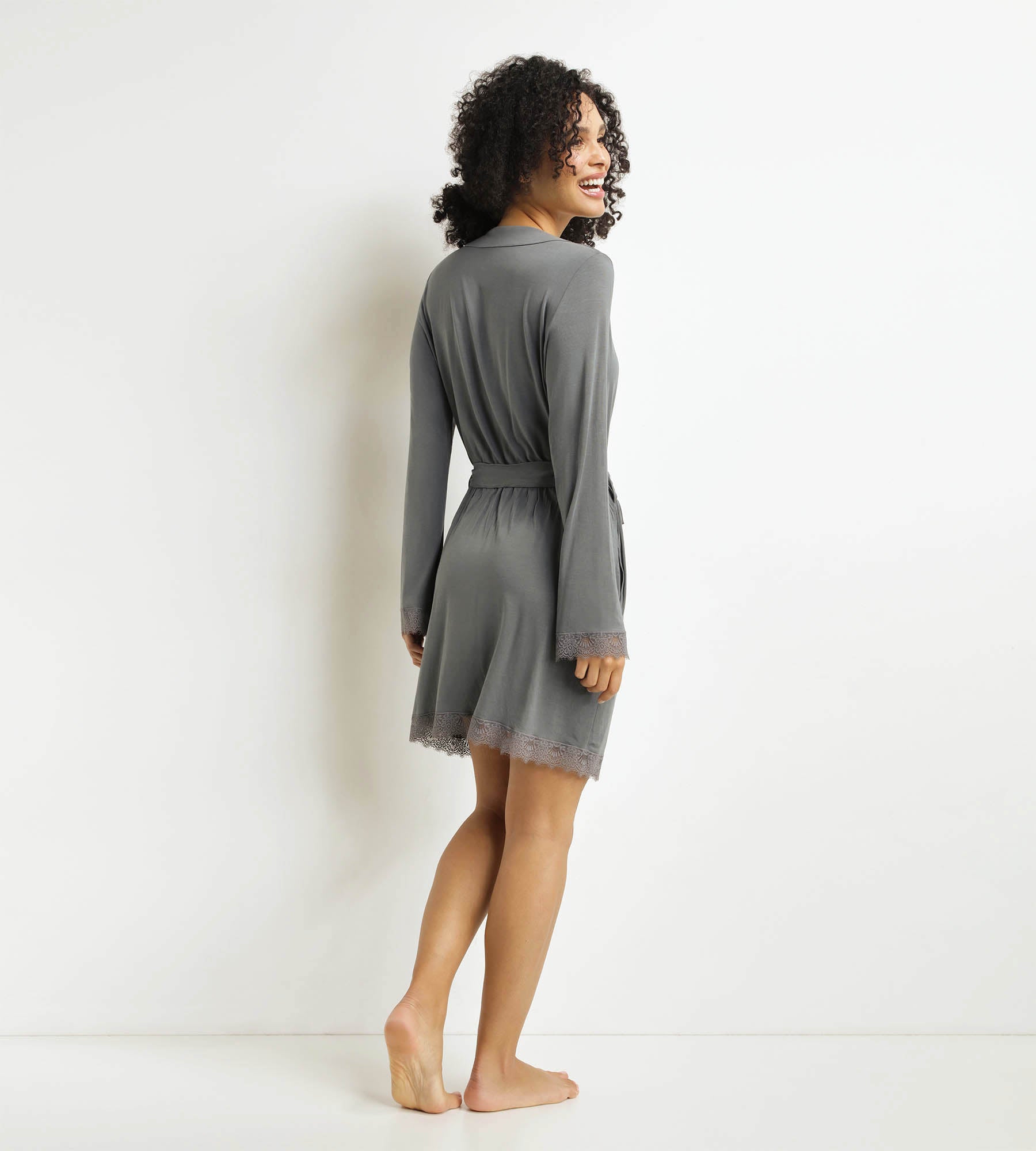 DIM Women's Grey Bathrobe with Lace Don't Disturb