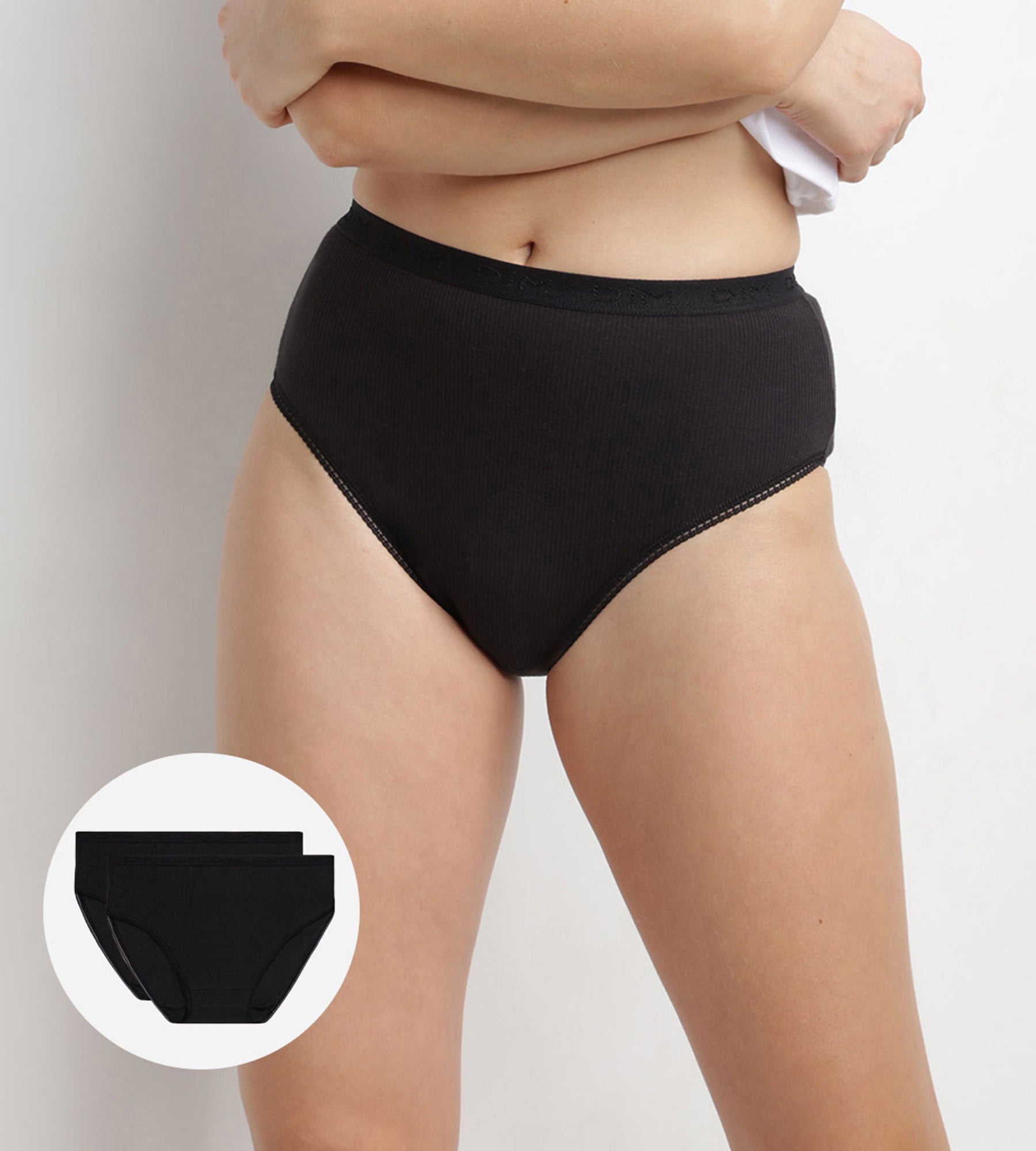 DIM Pack of 2 pairs of Pur Coton high rise bikini knickers in black