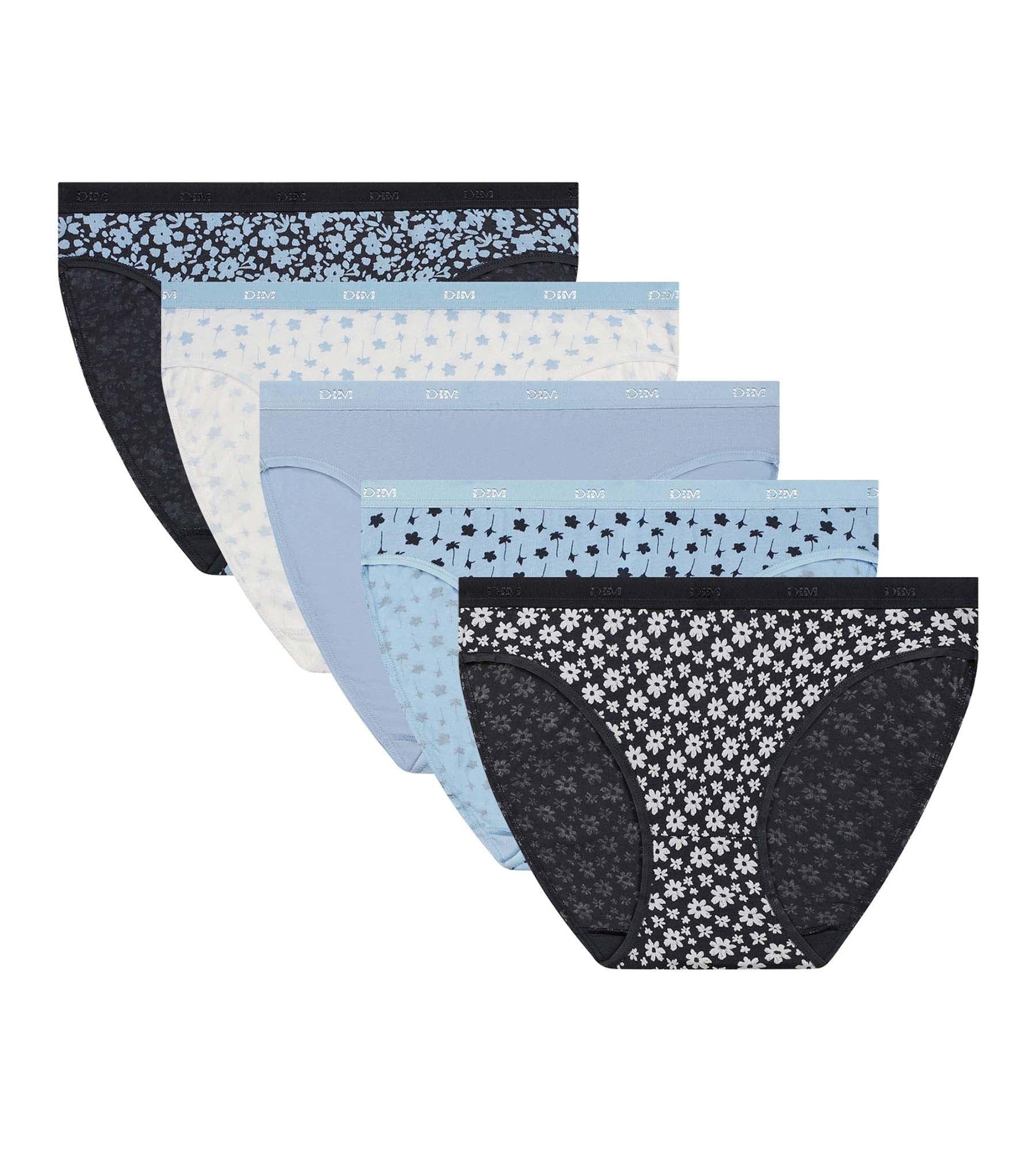 DIM Pack of 5 women's stretch cotton floral briefs Blue Les Pockets