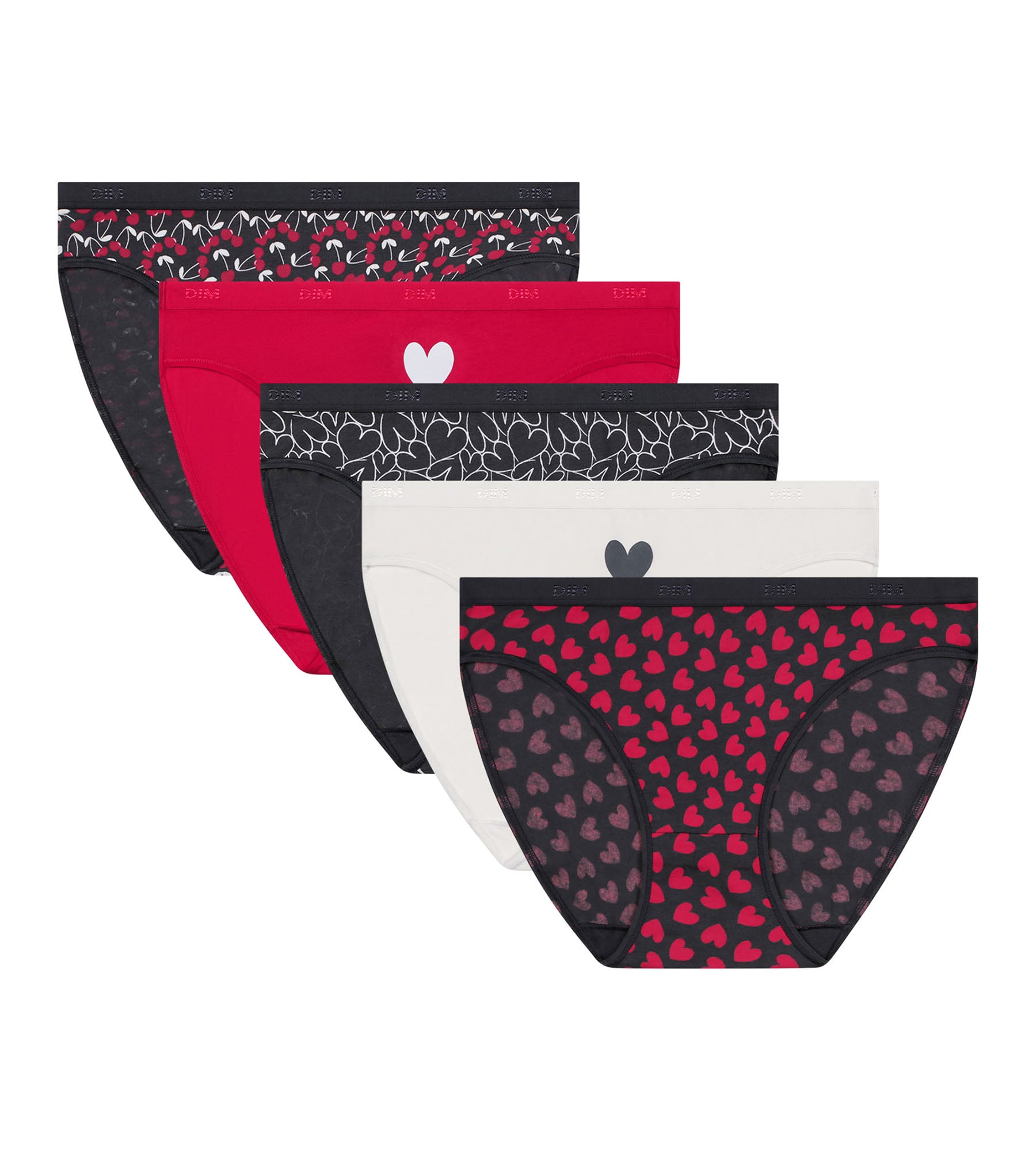 DIM Pack of 5 women's stretch cotton briefs with heart pattern Red Les Pockets