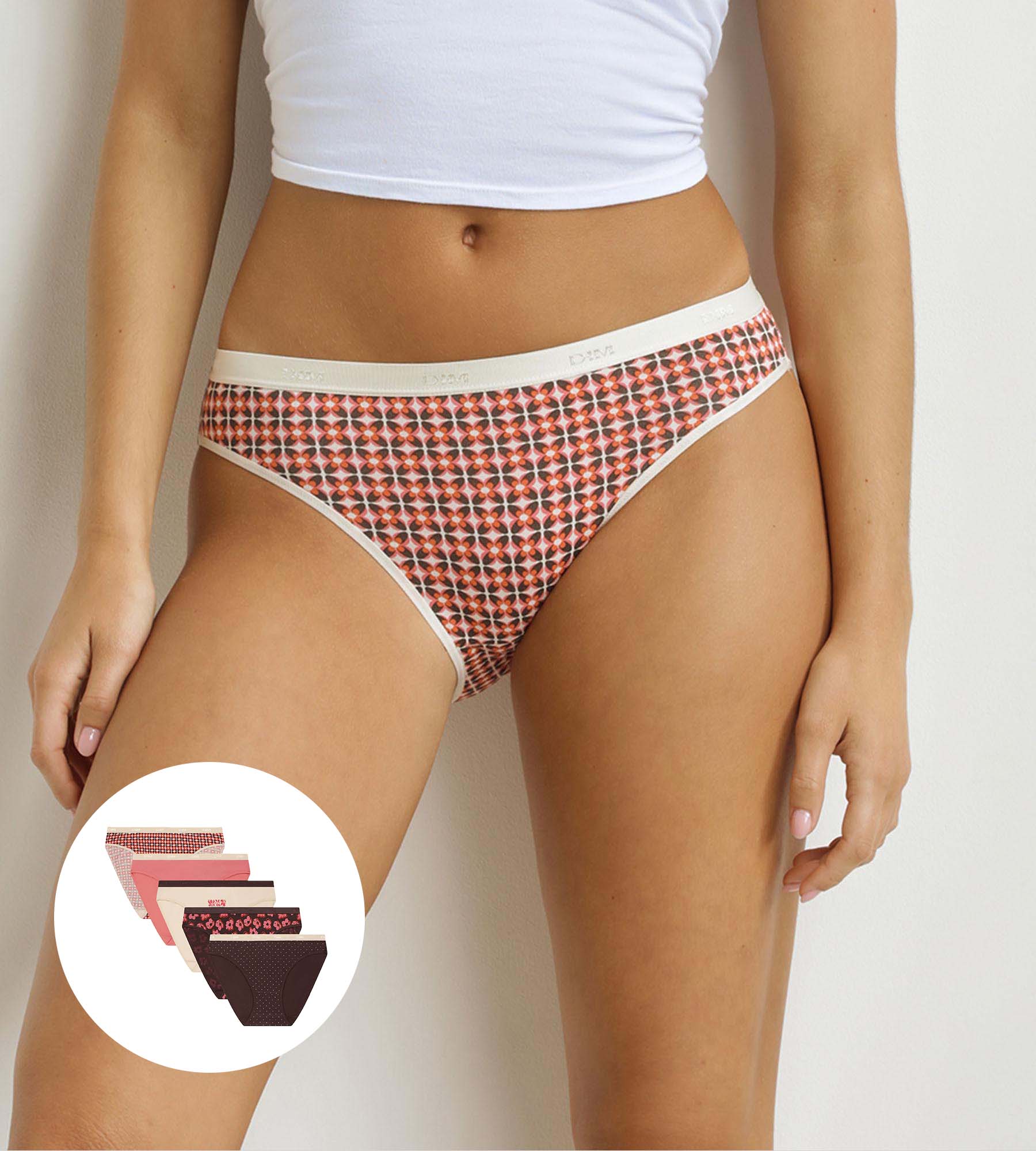 DIM Pack of 5 Women's Bohemian Briefs Ecru Brown Les Pockets