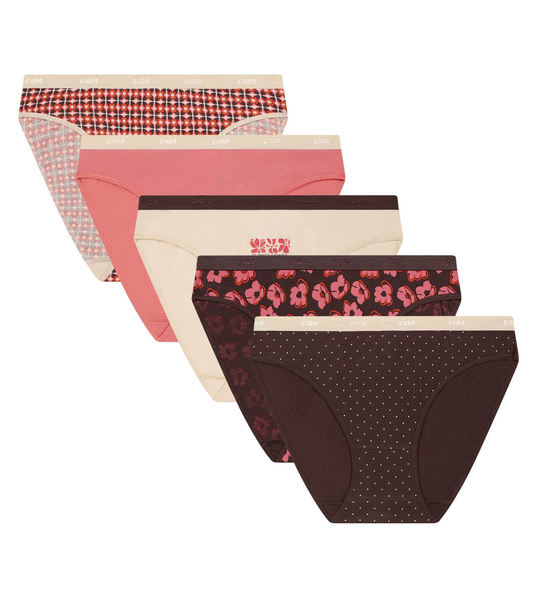 DIM Pack of 5 Women's Bohemian Briefs Ecru Brown Les Pockets