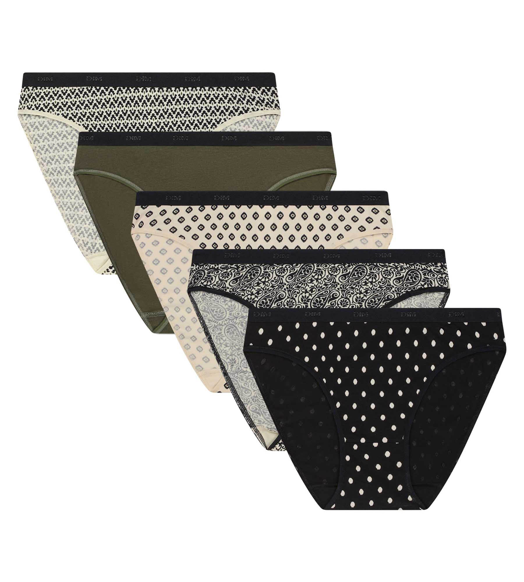 DIM Pack of 5 Women's Khaki Ethnic Briefs Black Les Pockets