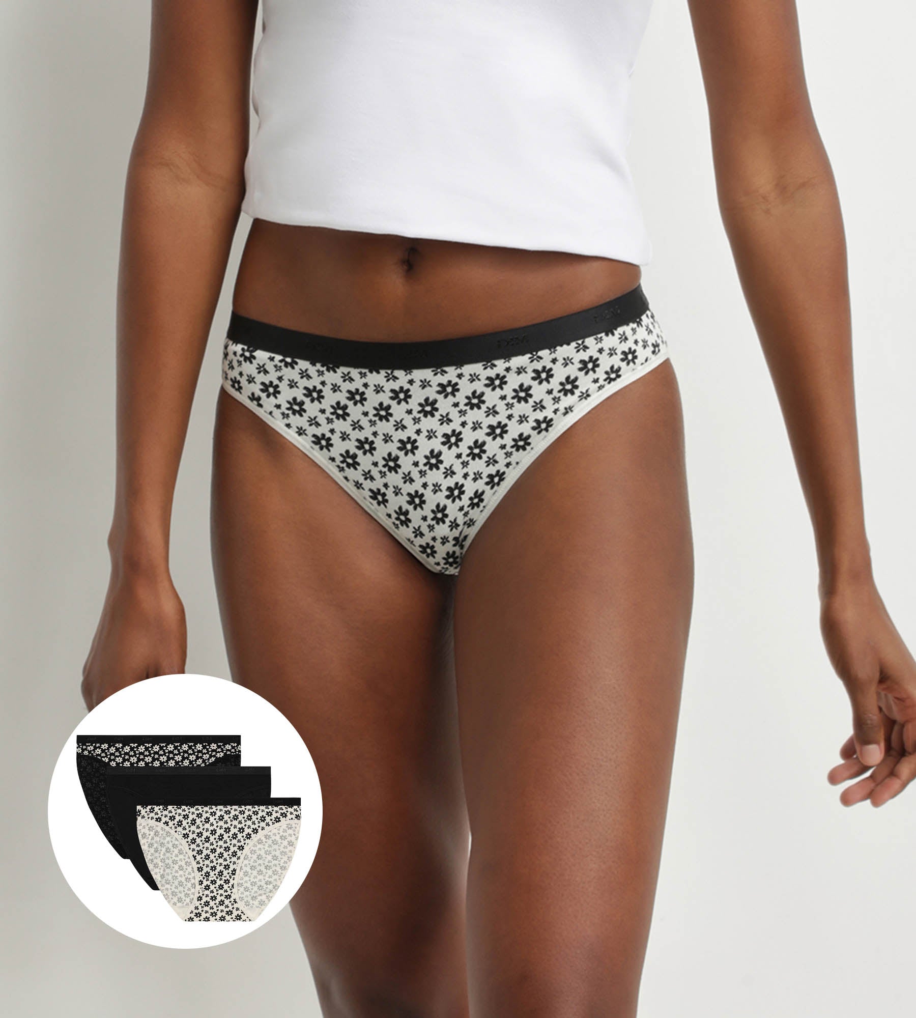 DIM Pack of 3 stretch cotton floral knickers White Black Les Pockets