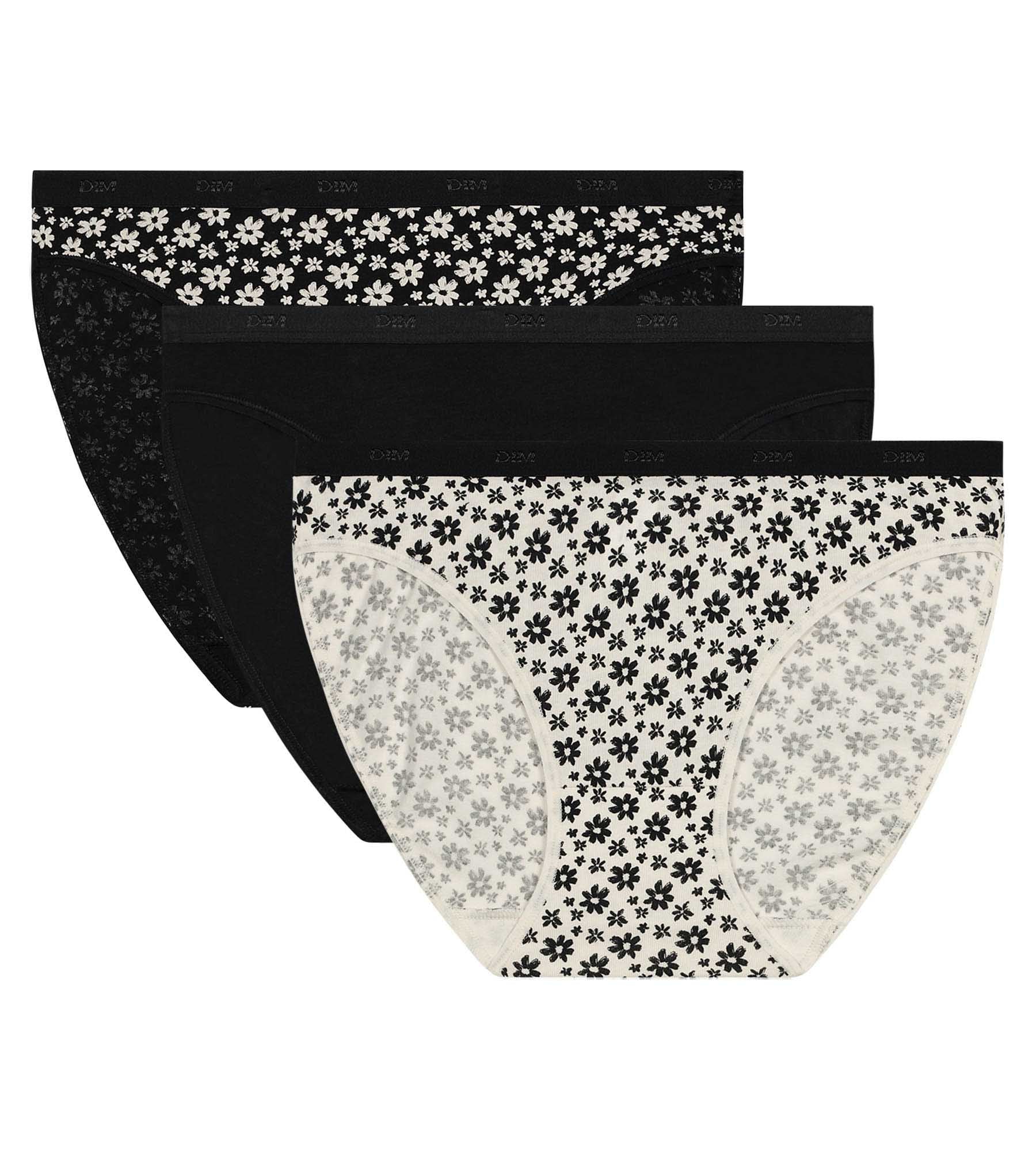 DIM Pack of 3 stretch cotton floral knickers White Black Les Pockets