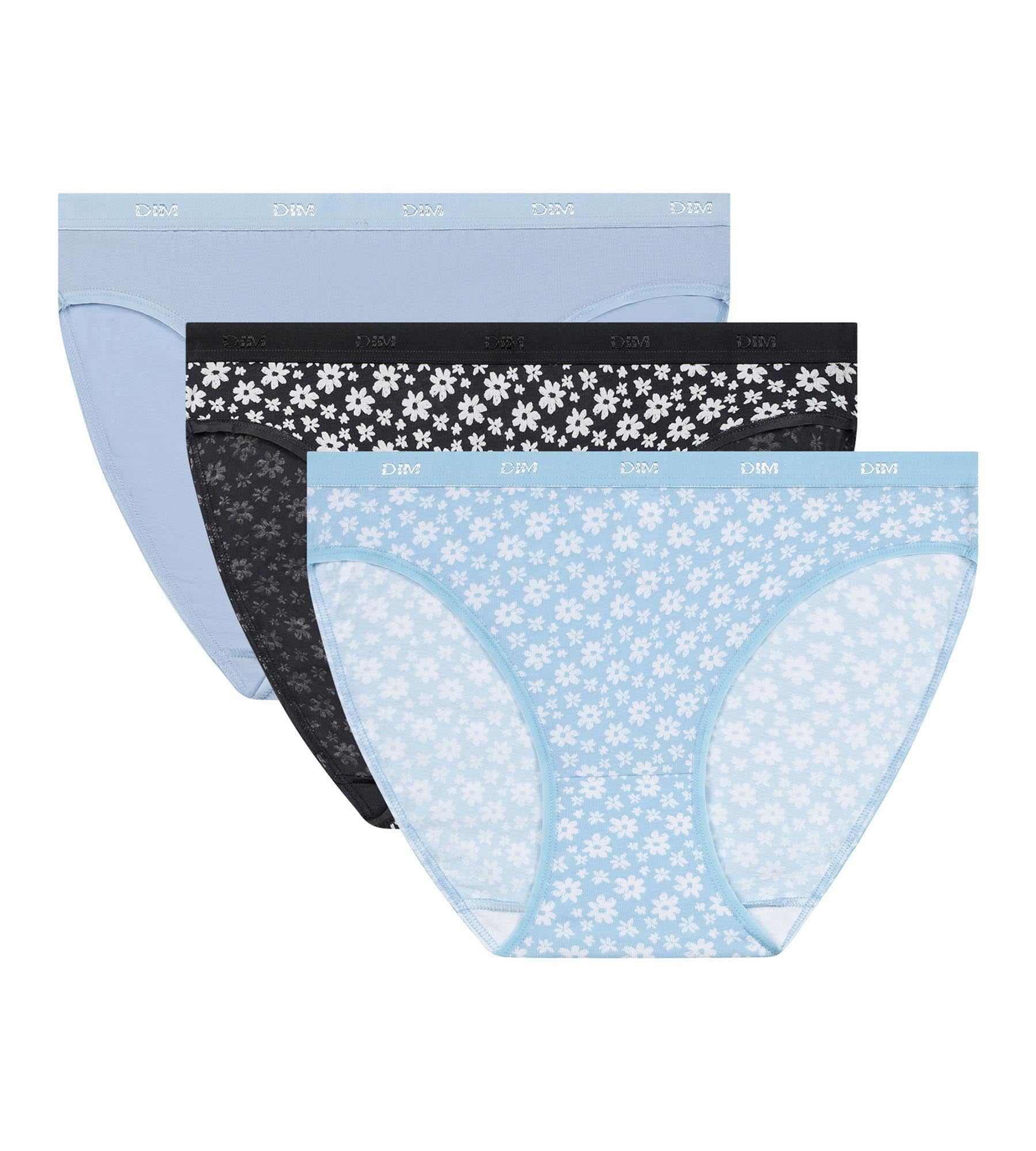 DIM Pack of 3 Women's stretch cotton briefs Blue Grey with flowers Les Pockets